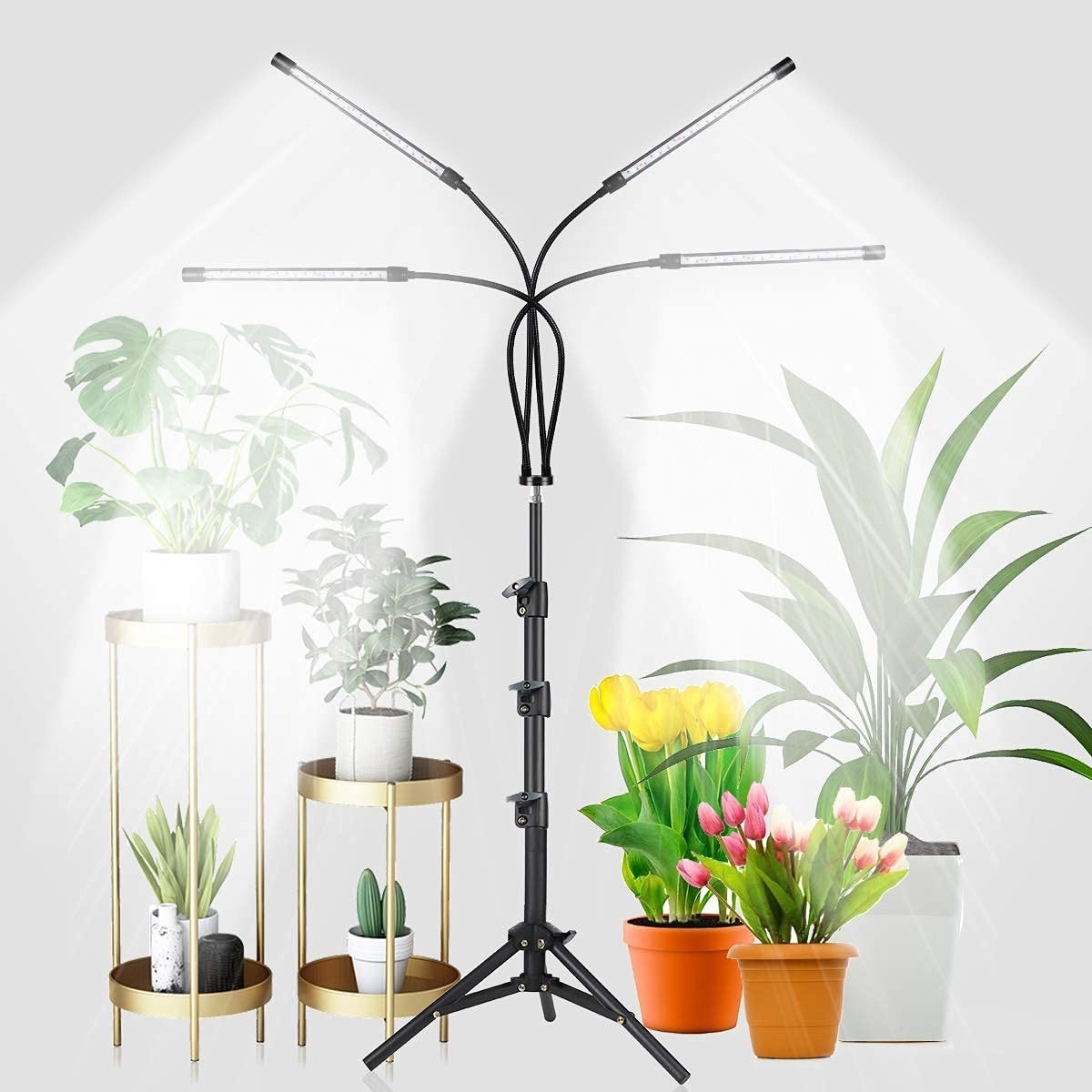 Oyezvary  5500K Full Spectrum LED Grow Light with Adjustable Tripod Stand 4 Head Gooseneck Floor Lamp 5 Level Dimmable Auto Timer 1 Piece