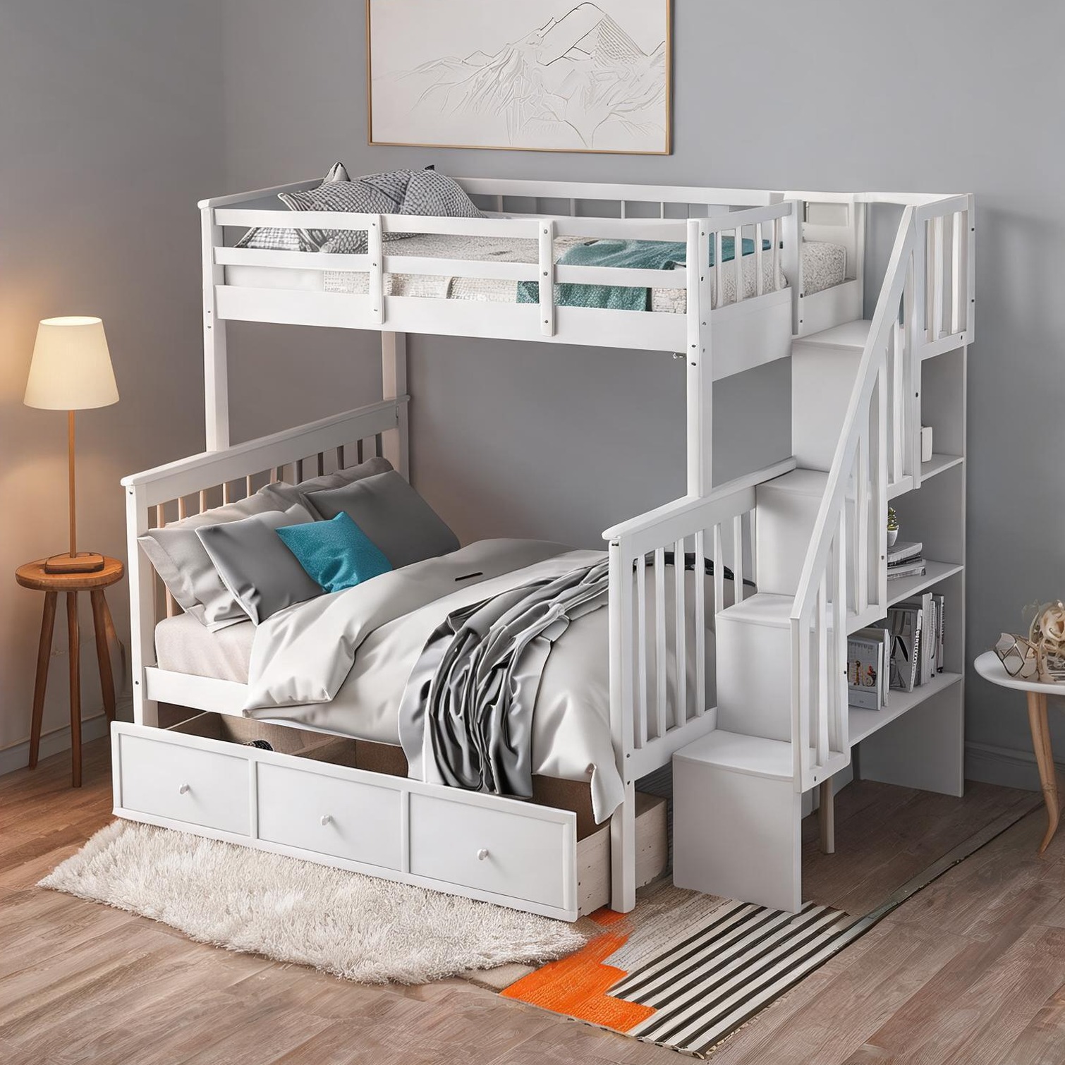 SunJet Twin-Over-Full Bunk Bed for Kids Bedroom or Dorm Soft White ...