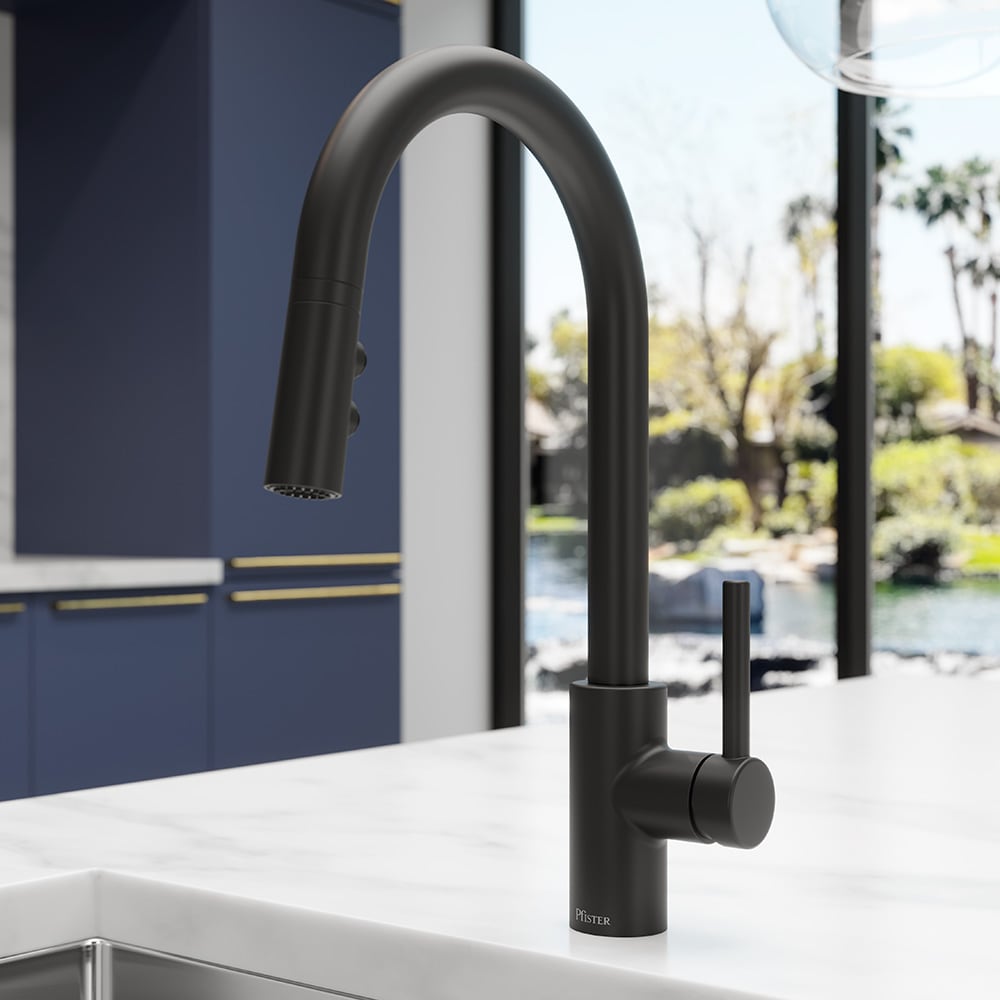 Pfister LG572-SAB Stellen Black Double Handle Deck-mount Pull-down Kitchen Faucet with Sprayer ( Deck Plate Included )