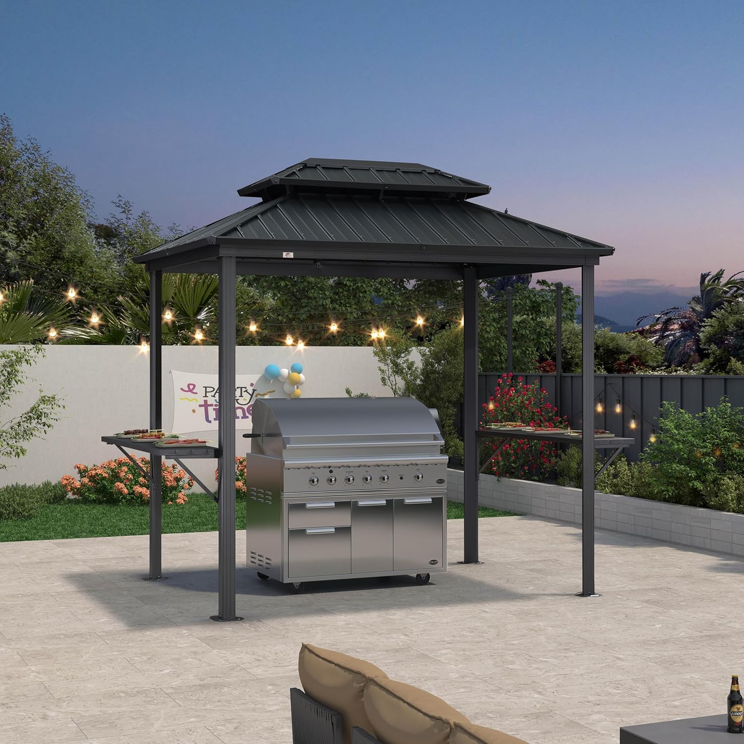 Gray 6' x 8' Hardtop Grill Gazebo with Double Steel Roof