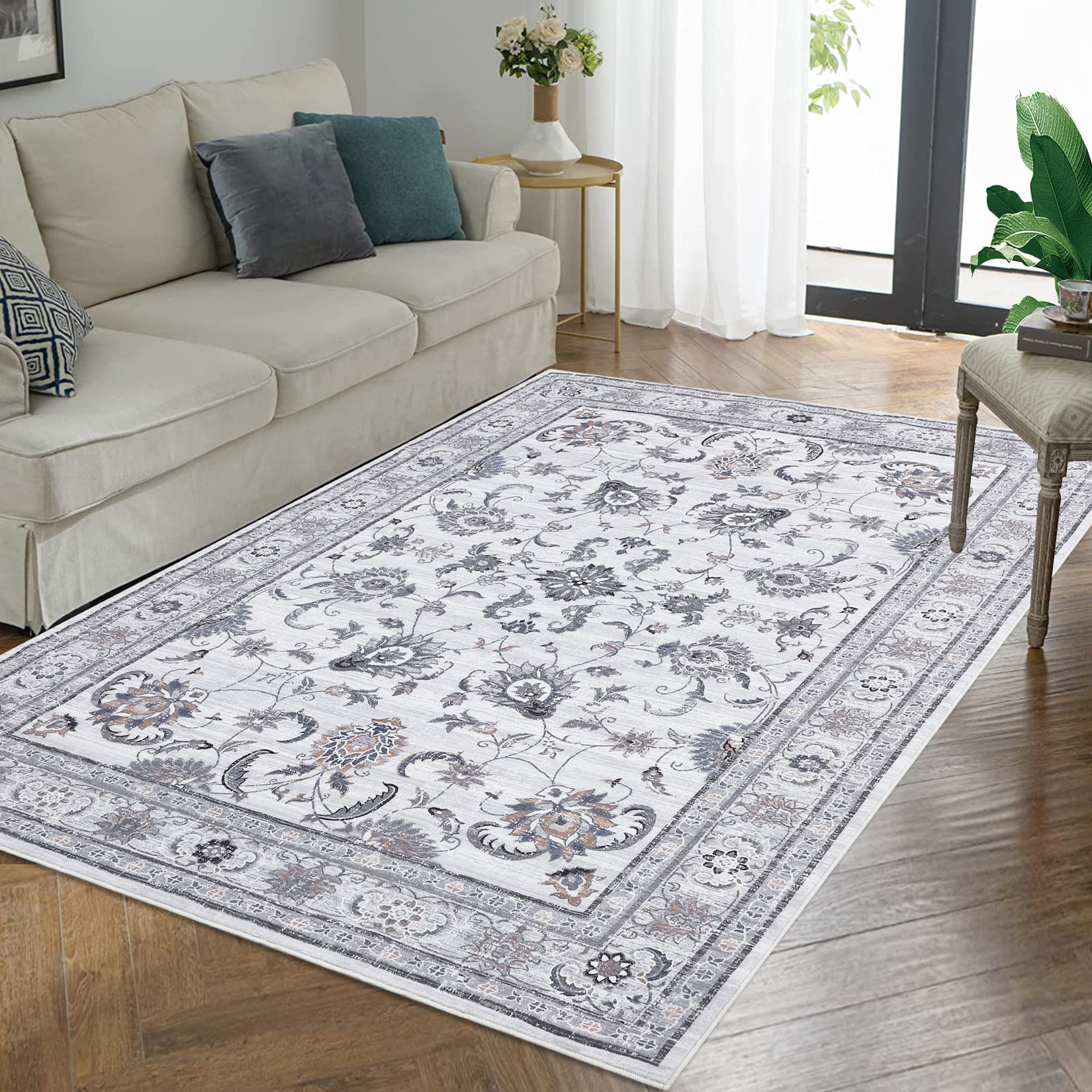 Garvee YXY-LO-PHO-108AISKX 4 x 6 (ft) Loomed Polyester Gray Rectangular Indoor Floral/Botanical Persian Machine washable Area rug