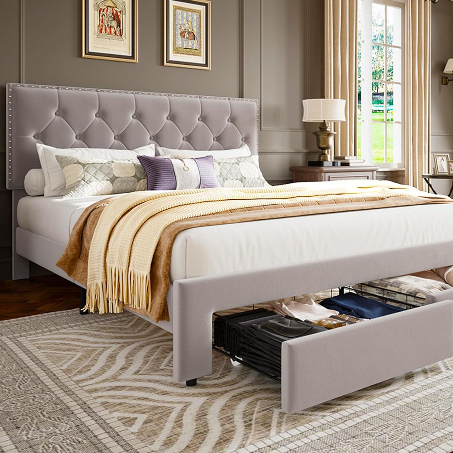 Qeetex LHF-BED-PHK-33FX53G8 Queen Size Bed Frame with 2 Storage Drawers Vintage Velvet Upholstered Bedframe with Wooden Slat Support and Button Tufted Wingback Headboard No Box Spring Needed Noise Free Beige