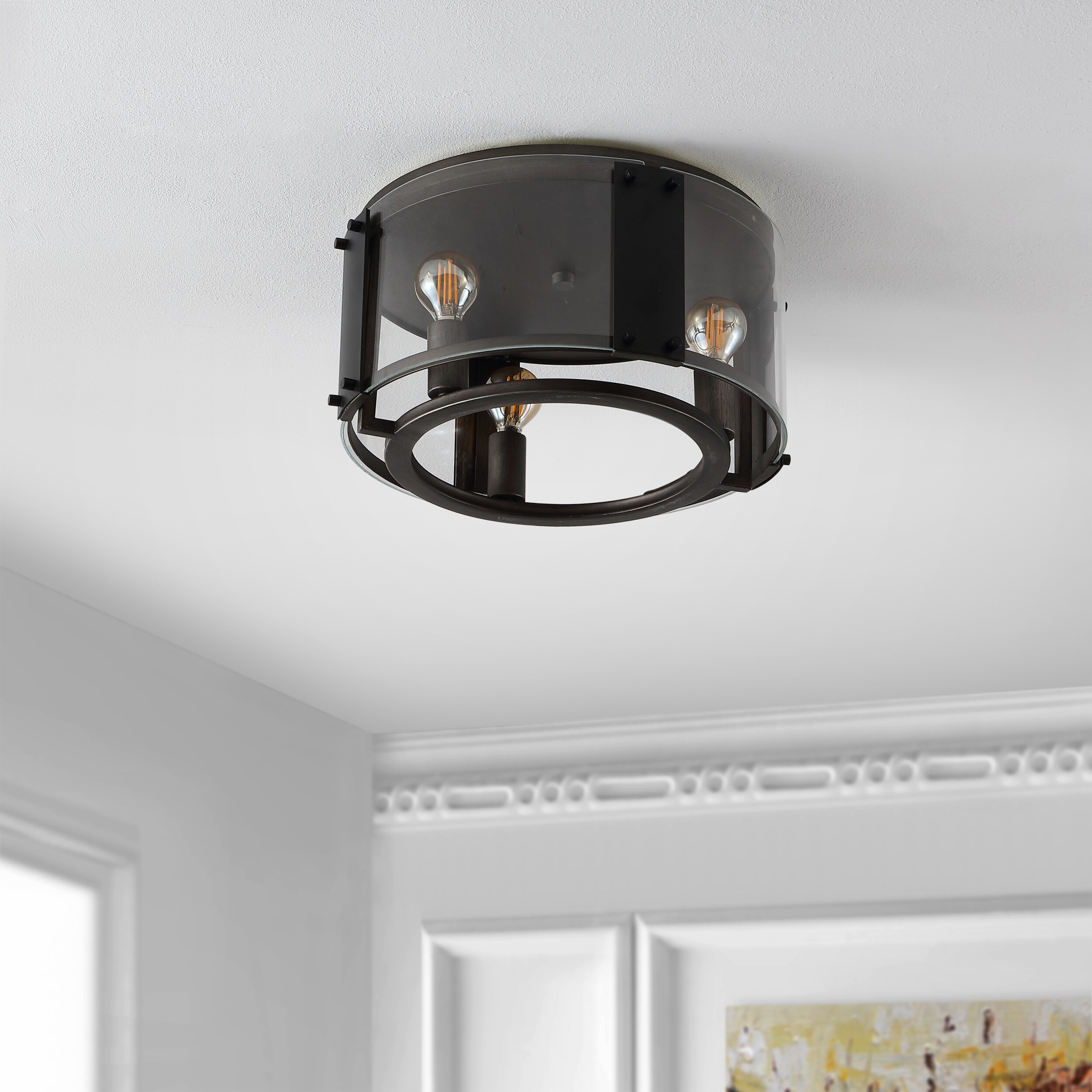 Olen 14" Black and Chrome Glass LED Flush Mount