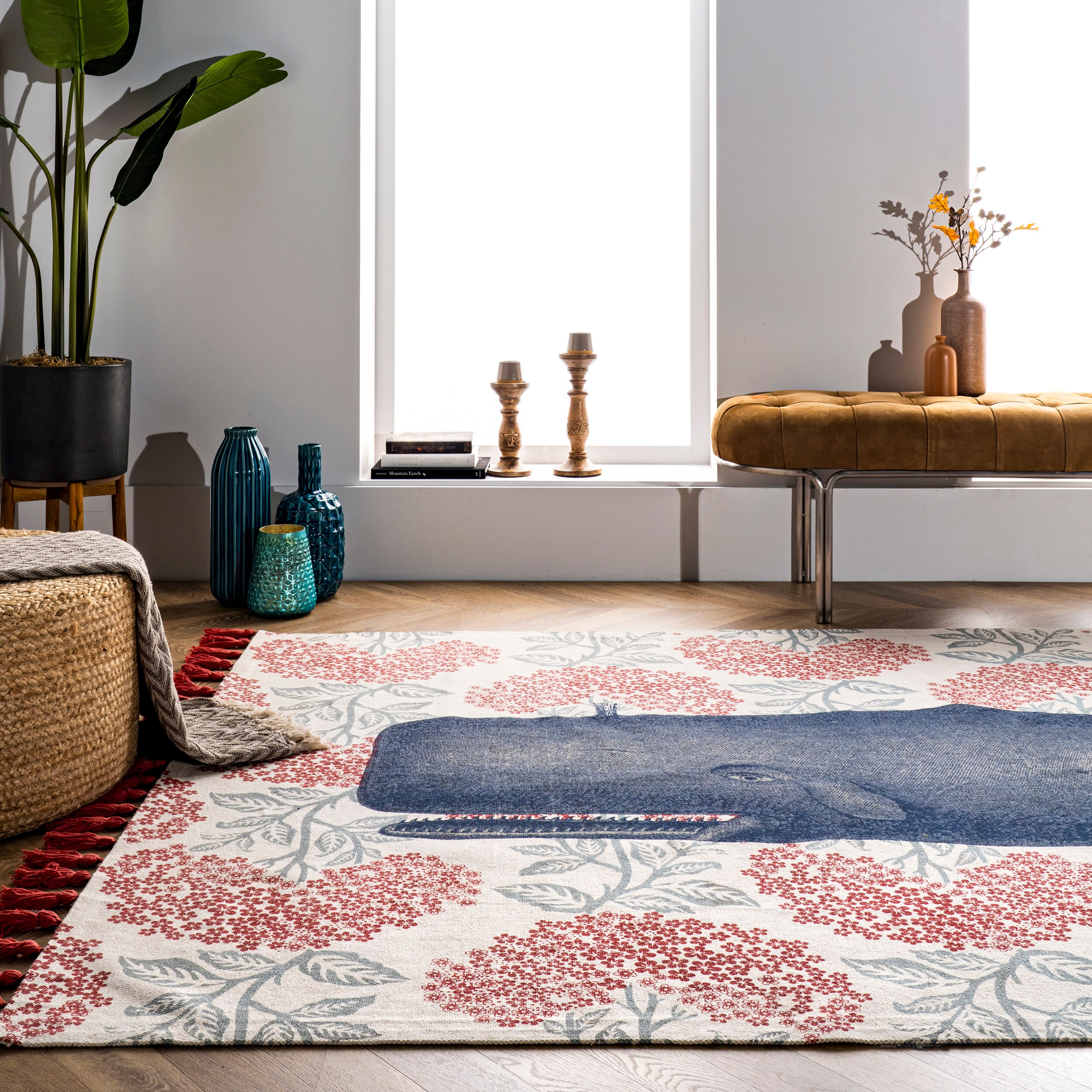 Coastal Charm Red Cotton Flatweave Whale Area Rug, 3' x 5'