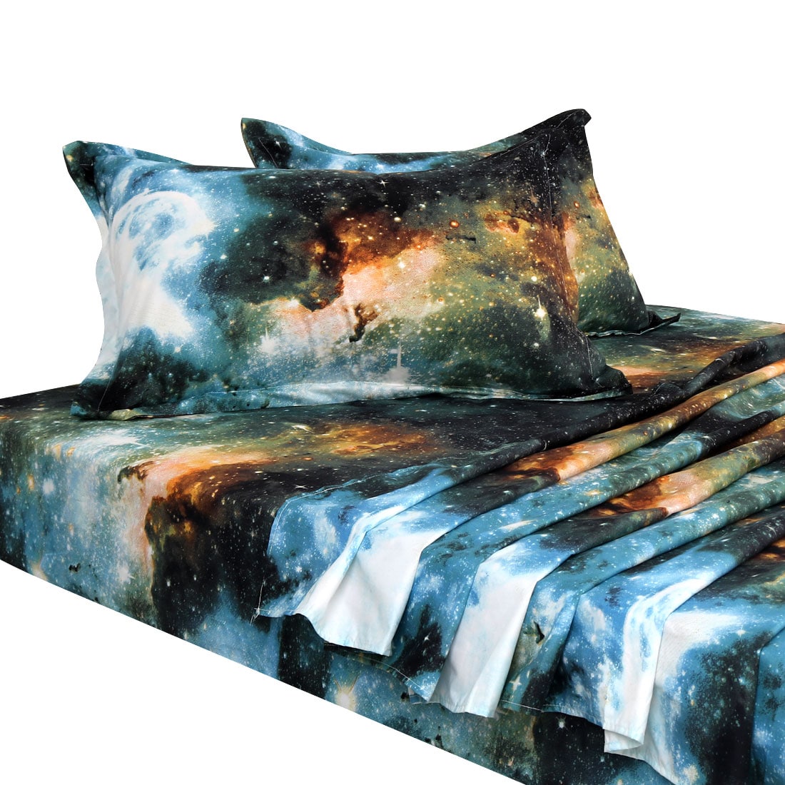 Unique Bargains Galaxy Bed Sheet Set 4pcs Soft Polyester Microfiber Bedding SetIncluding 3D Space Star Theme Bed Sheet and Fitted Sheet with 2 Pillowcases Green Queen