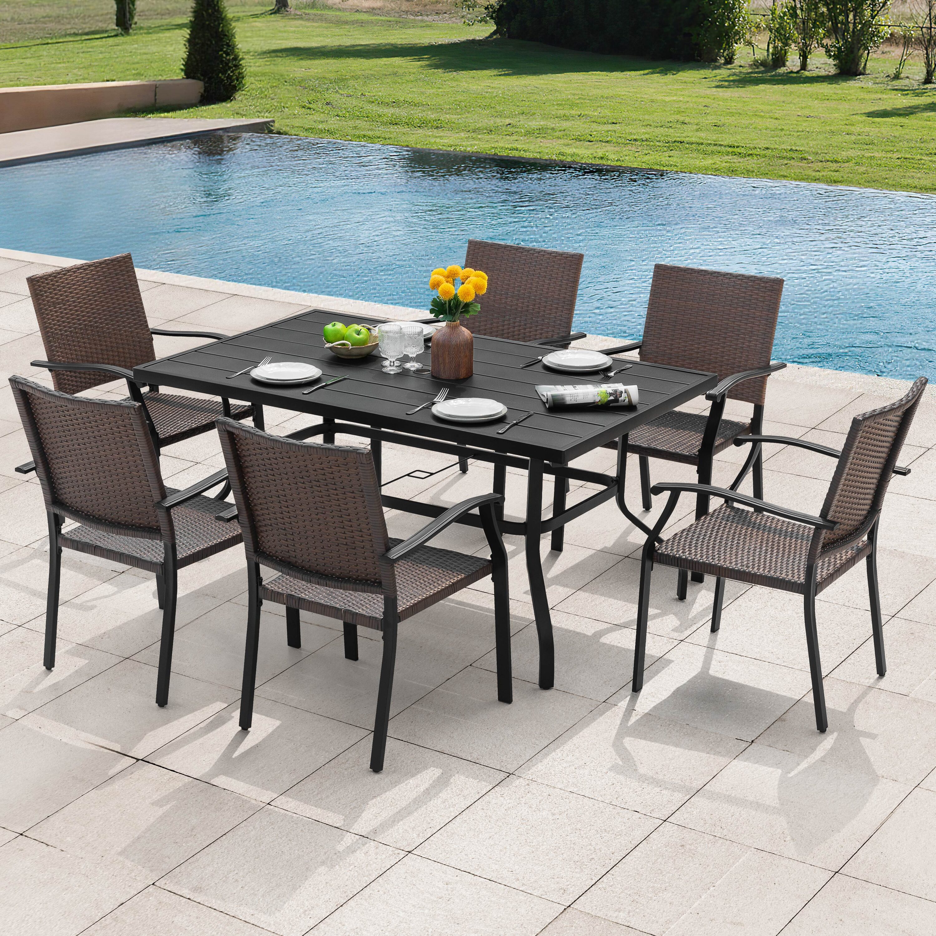 Nuu Garden SD154-T3BK 7 -Piece Black Wicker Patio Dining Set Iron Rectangle Table with 6 Stackable Stationary Chairs