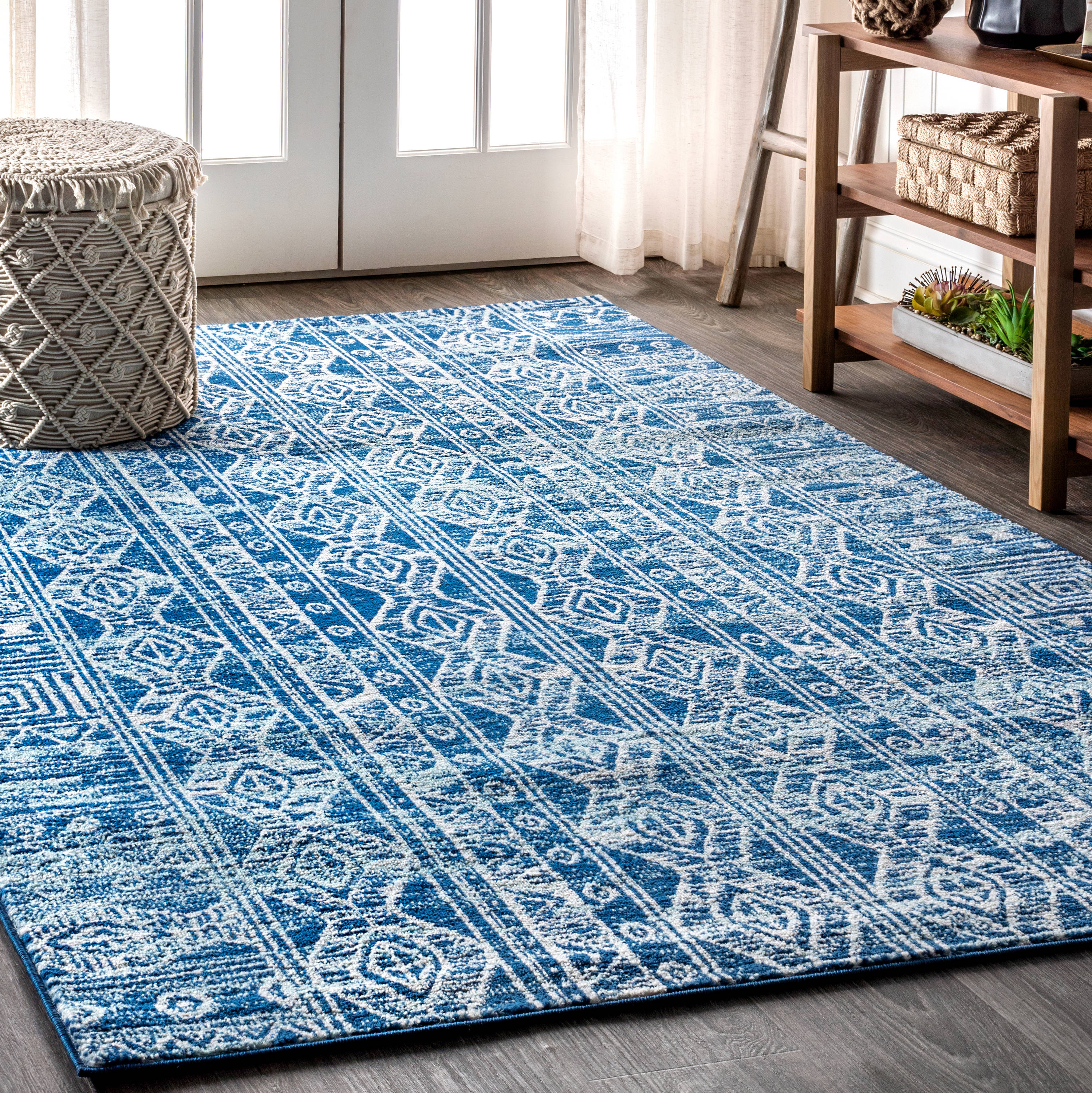 Blue and Gray Synthetic 8' x 10' Moroccan Pattern Area Rug