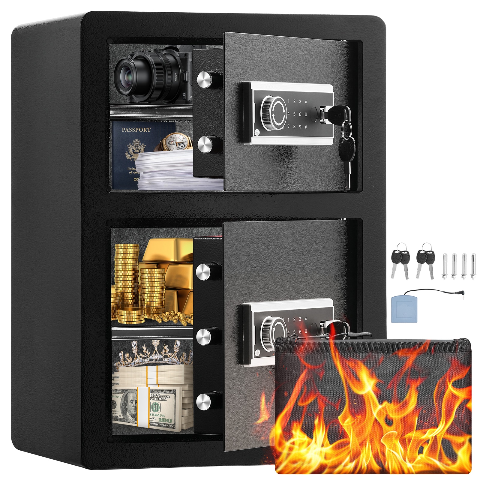 VEVOR Double Doors 3.5 cu.ft Safe Box with Key Lock and Password  Safe Lock Box with Fireproof Bag  Key Rack  LED Light and 2 Height Adjustable and Removable Divider for Money  Documents  Jewelry and Valuables  Black