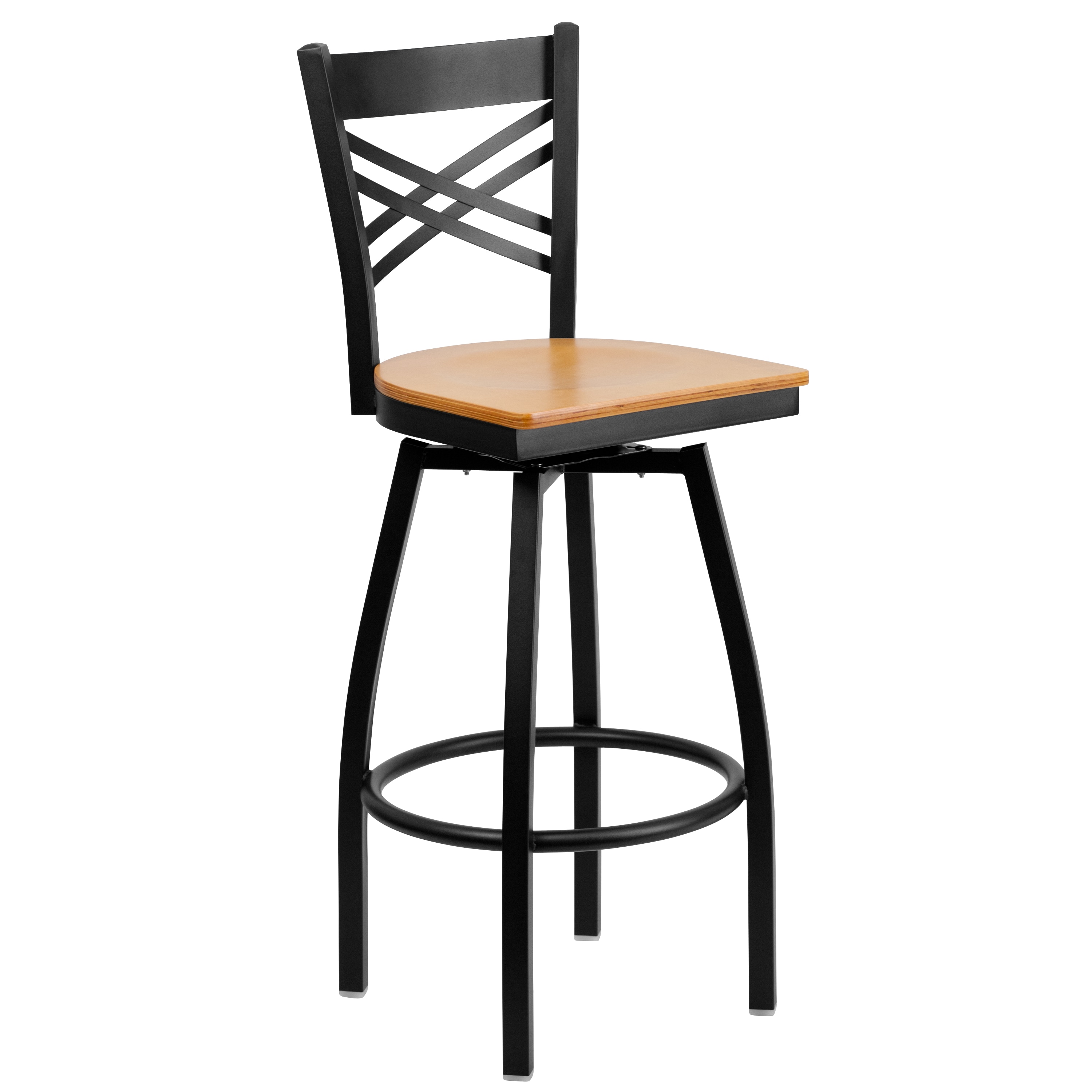 Flash Furniture 847254056236 Natural Wood Seat/Black Metal Frame 30.25-Inches H Bar height Square seat Swivel Metal Bar Stool and Back
