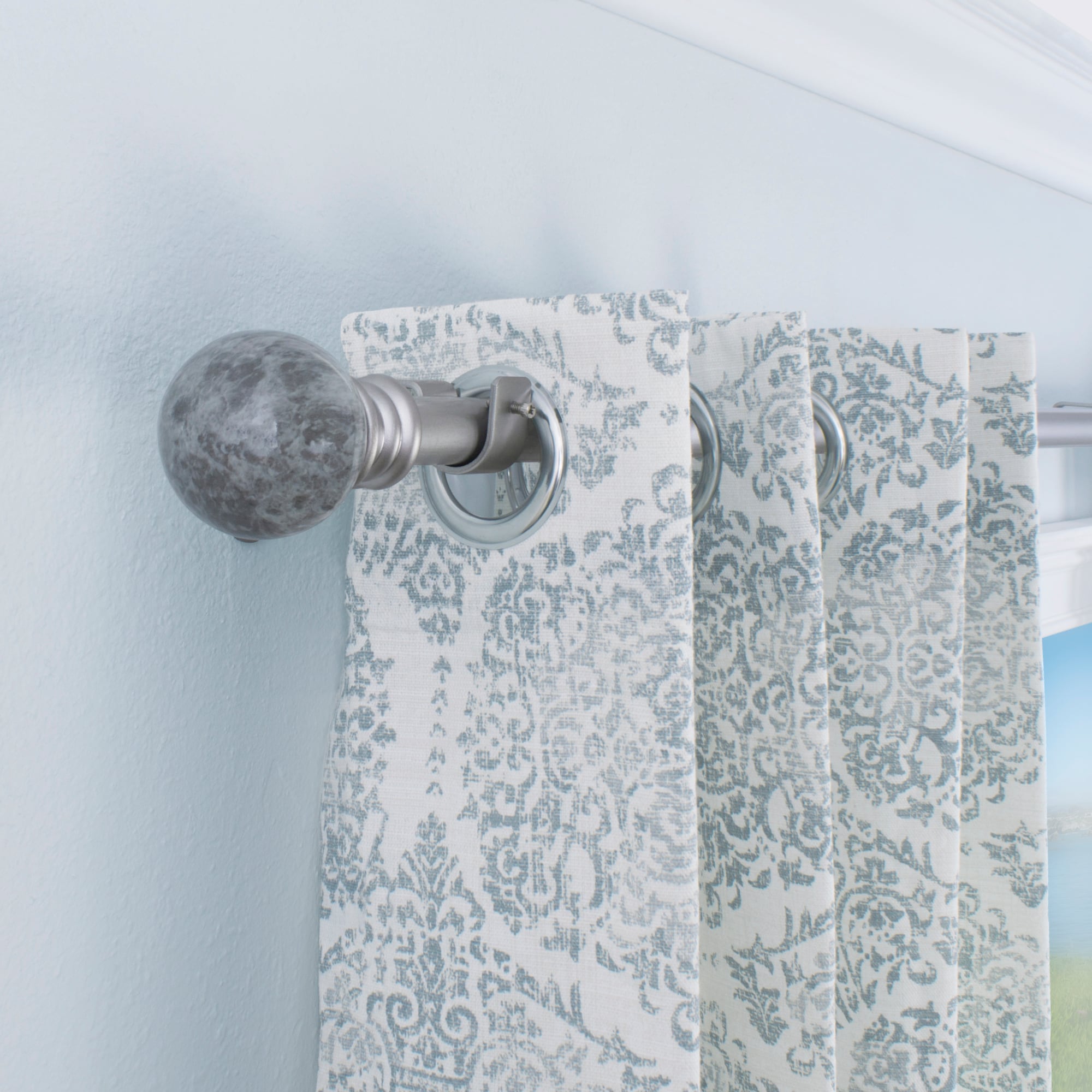 Adjustable Antique Silver Double Curtain Rod Set with Grey Marble Finials