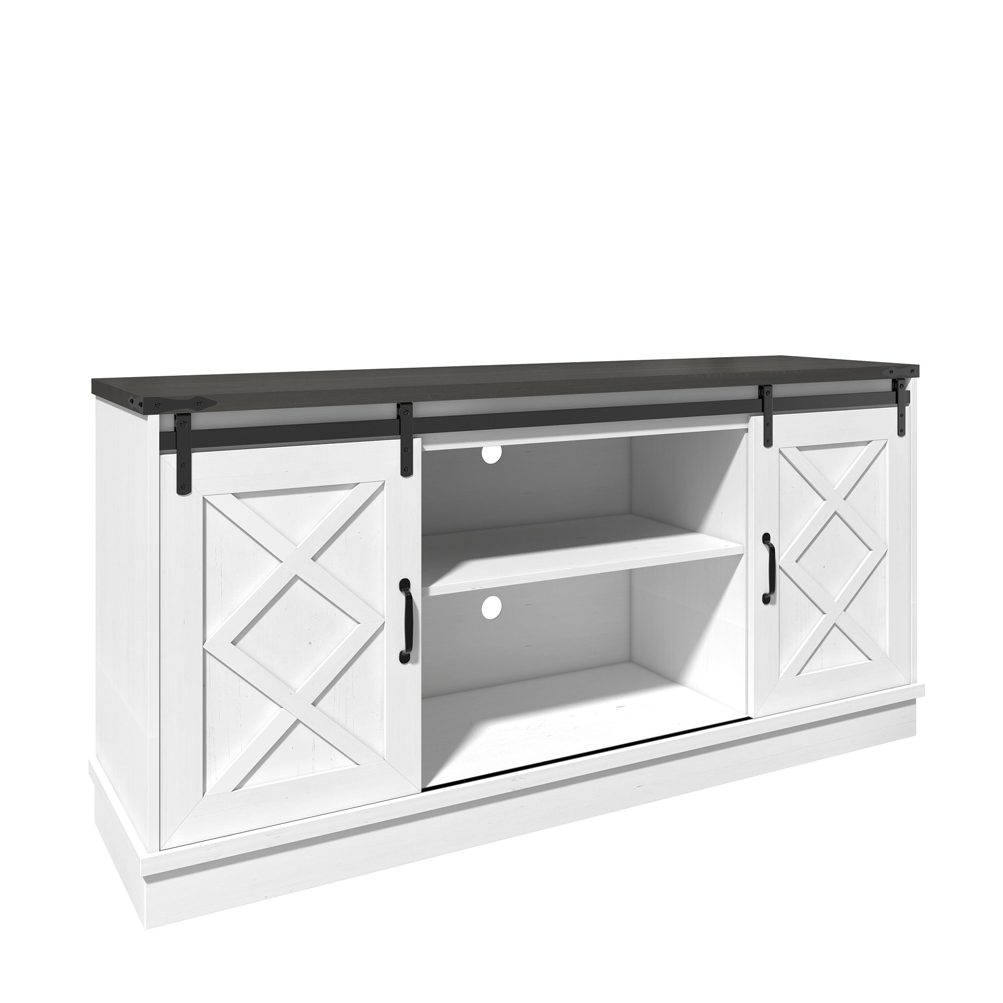 White Farmhouse 58" TV Stand with Sliding Barn Doors