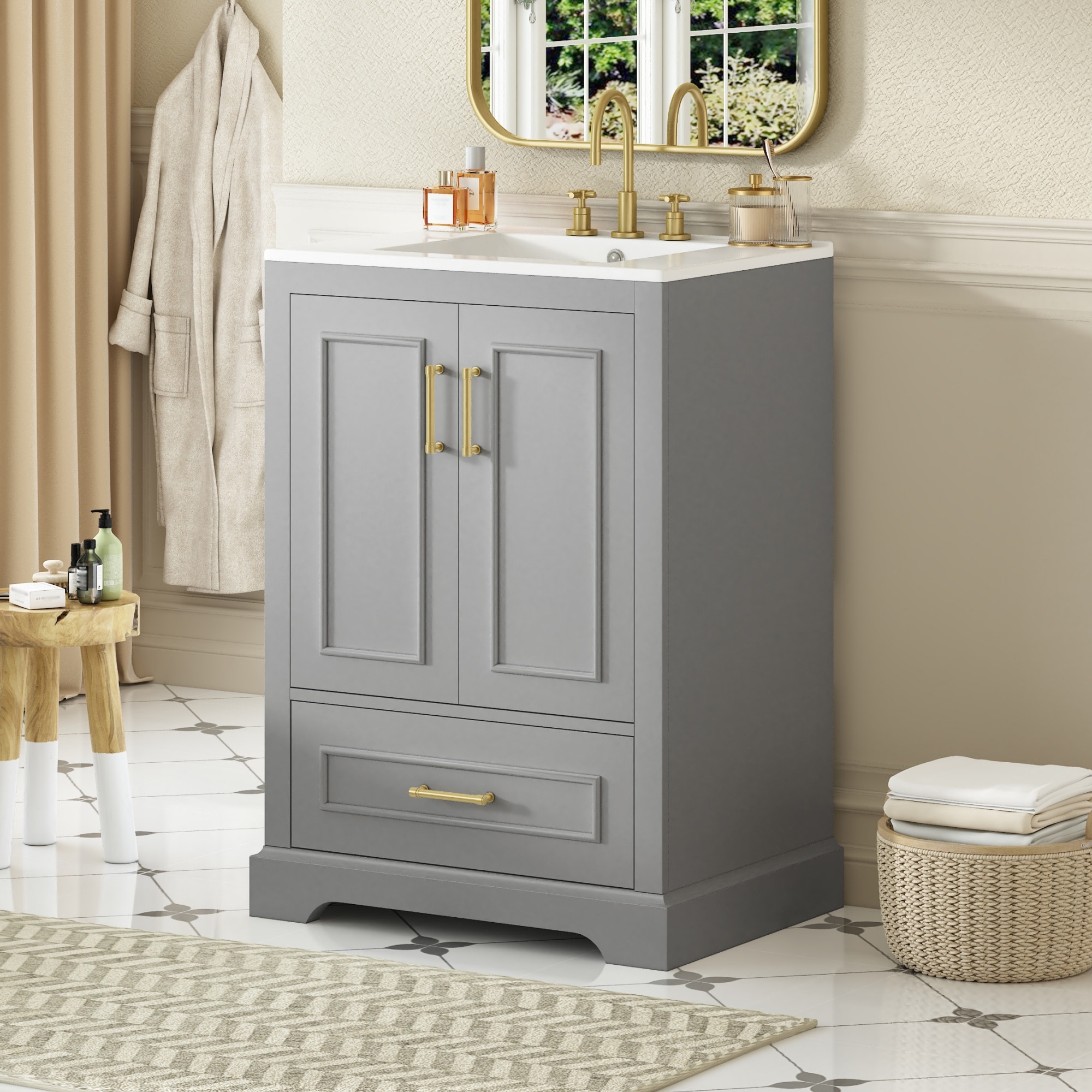 GDFStudio Havenport 24 in. Transitional Freestanding Bathroom Vanity with 1 Divided Drawer and 2 Soft Close Doors with Double Door Shelf - Gray