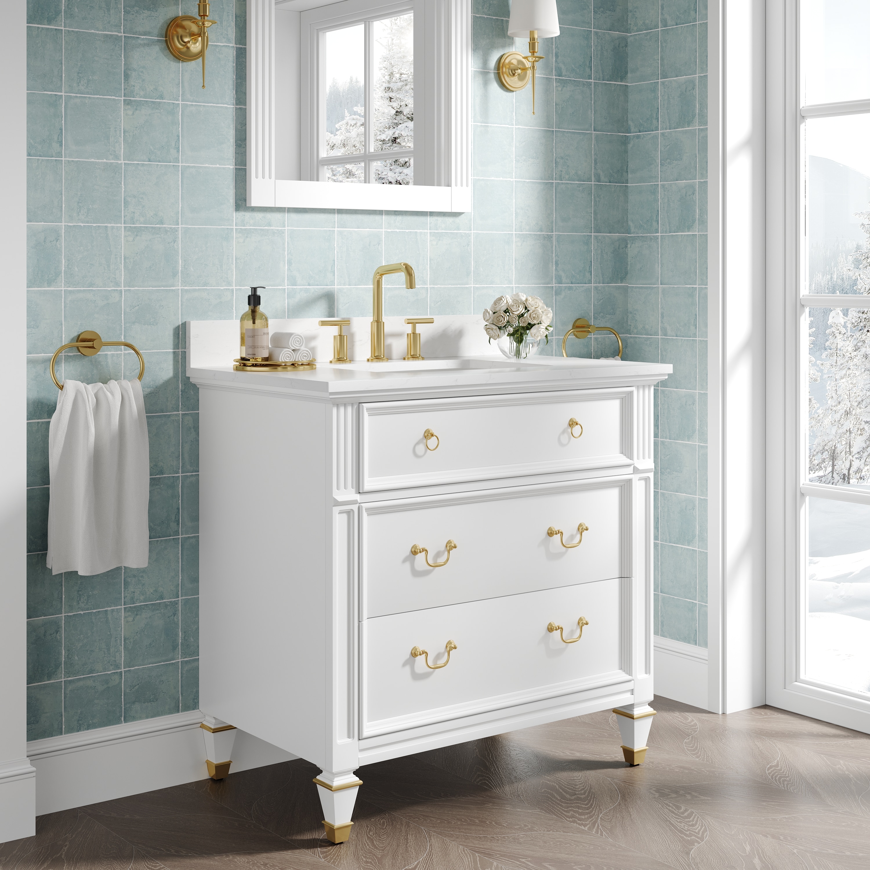 Forclover MF02-36WT Solid Wood Bathroom Vanity 36-in White Undermount Single sink Bathroom Vanity with White Quartz Top