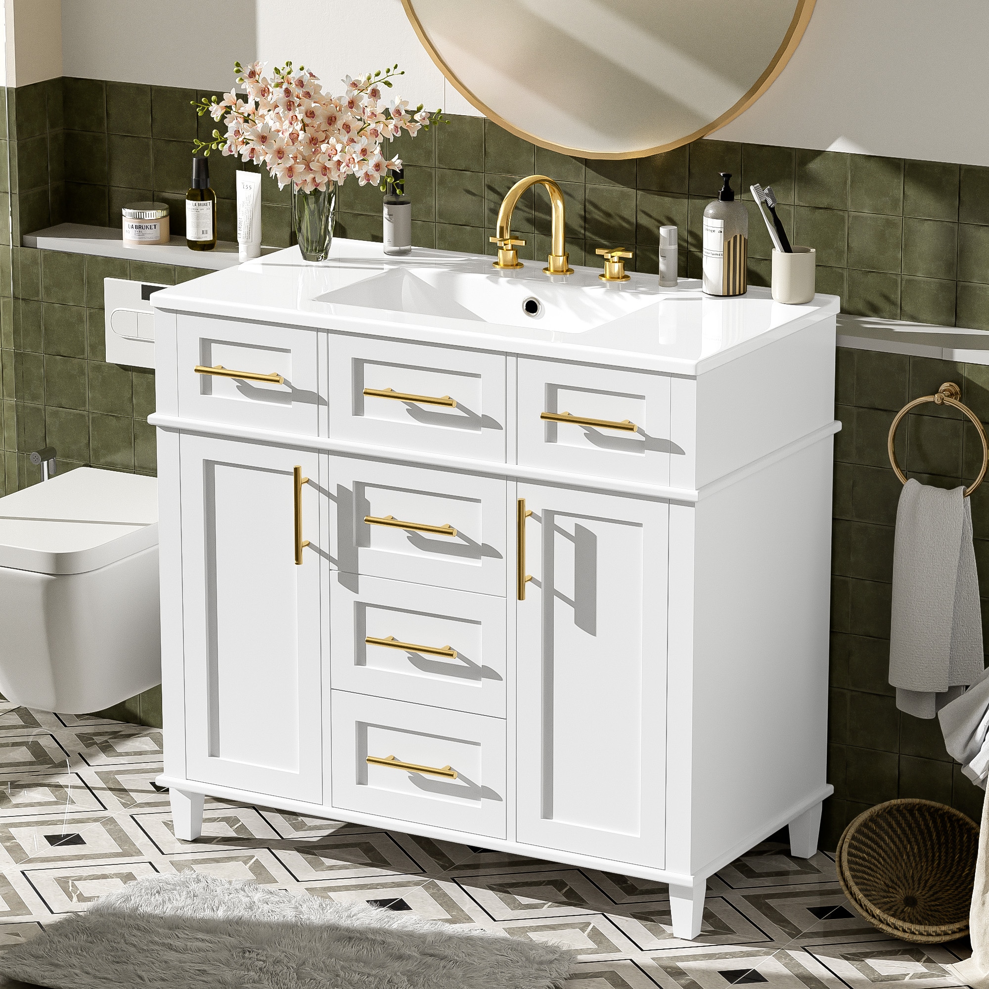 WELLFOR GIZBSO01ME VZ 36-in White Single Sink Bathroom Vanity with White Ceramic Top