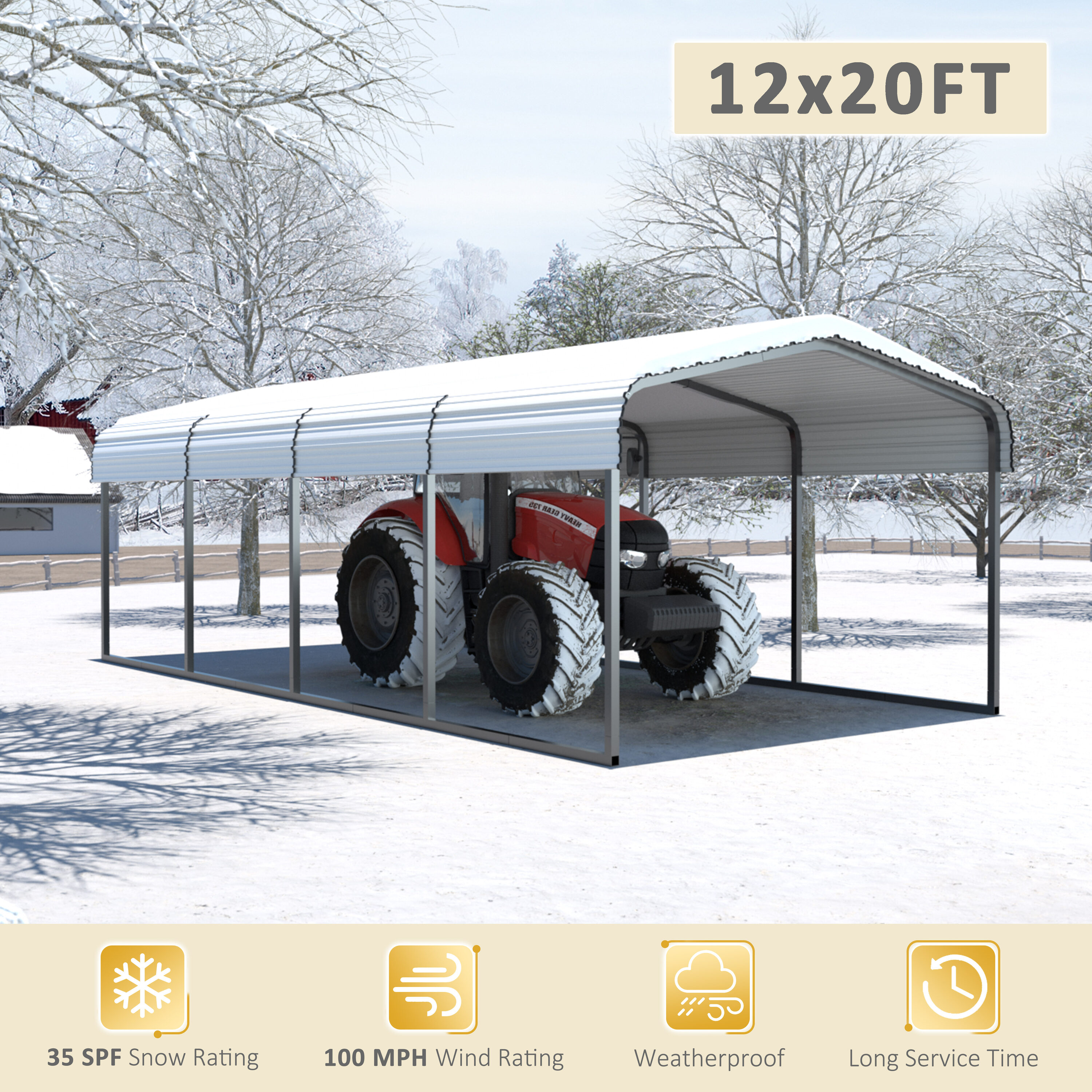 VEIKOUS 12-ft W x 20-ft L x 7.8-ft H White Metal Carport with Metal Roof #PG0216-02-3