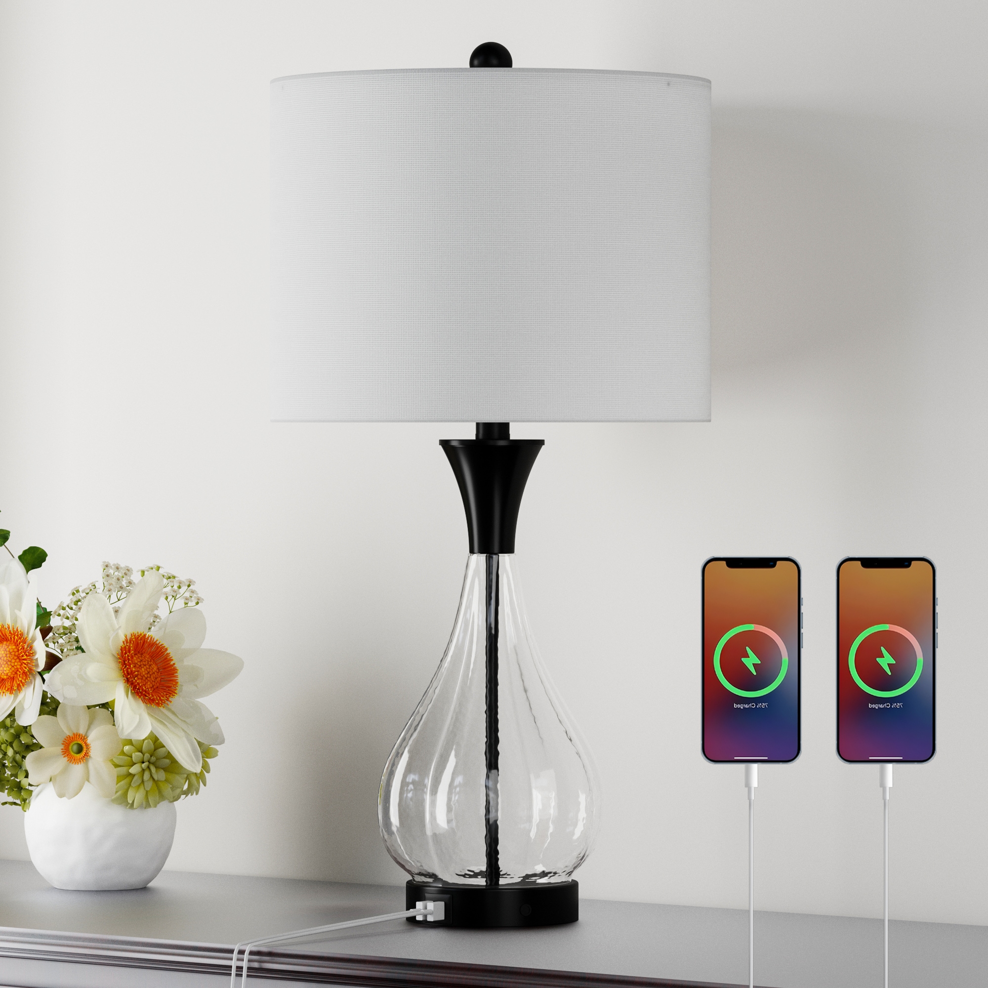 Maxax T251-BK-S Deluxe 26-in Matte Black LED Incandescent Rotary socket Table Lamp with Linen Shade
