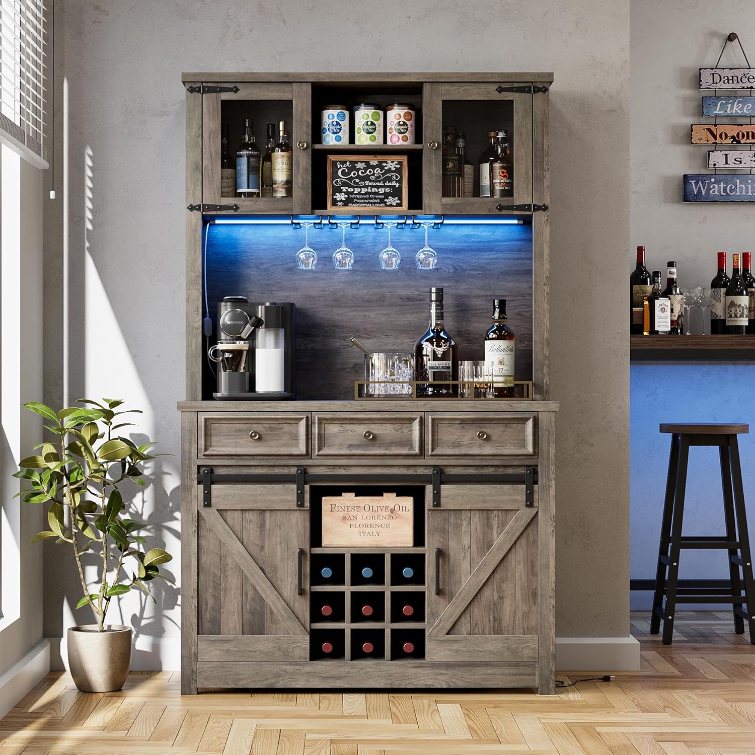 Qeetex QET-BC-CJ49 72 Inch Modern Farmhouse Coffee Bar Cabinet with LED Lights and Power Outlets Sliding Barn Doors Rustic Gray Kitchen Buffet with Wine Storage Ample Storage for Home Bar Microwave