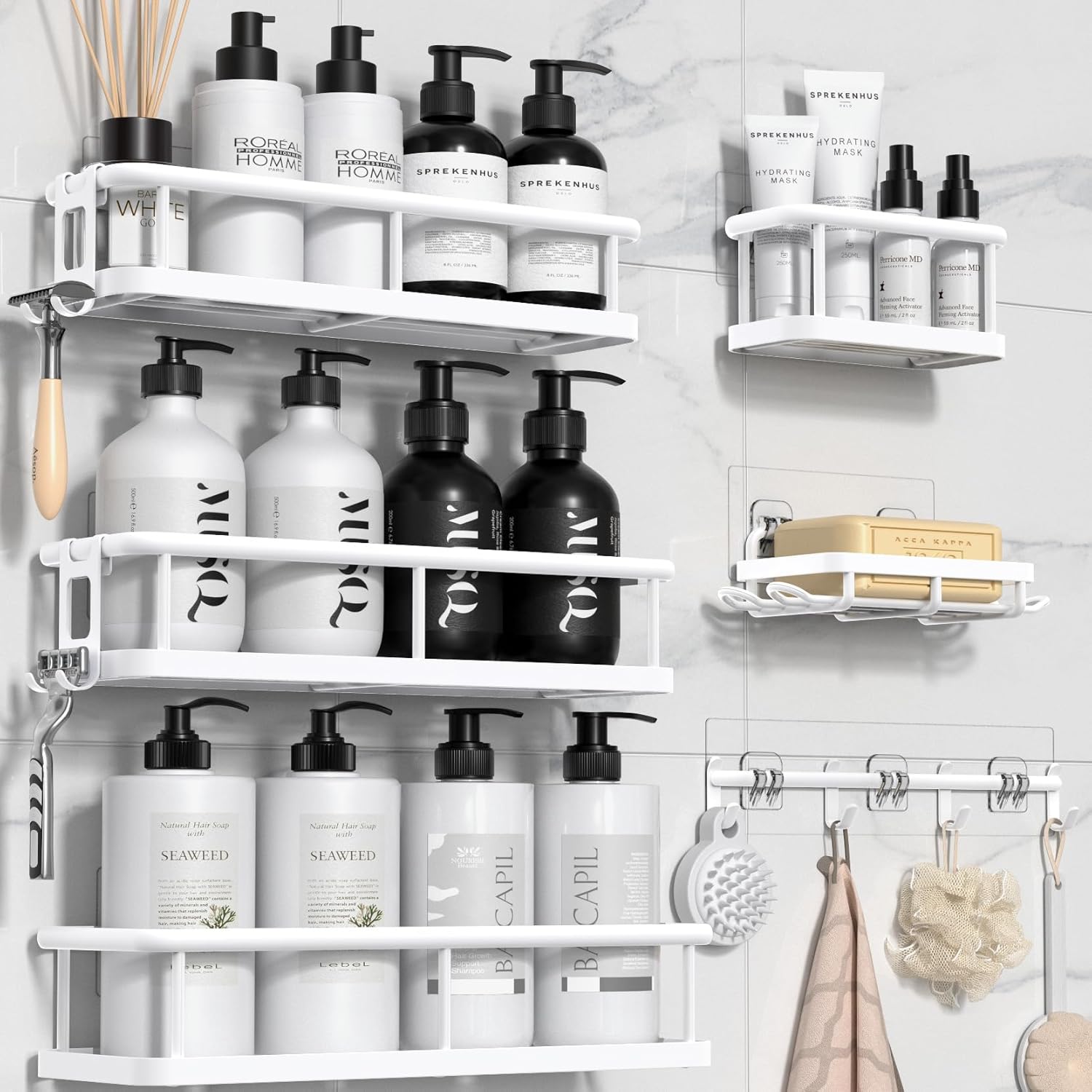 YASONIC  Shower Caddy 6 Pack Large Capacity shower organizer with Soap Holder and 12 Hooks Rustproof Shelves for Inside Shower No Drilling Sleek Bathroom Organizers and Storage White