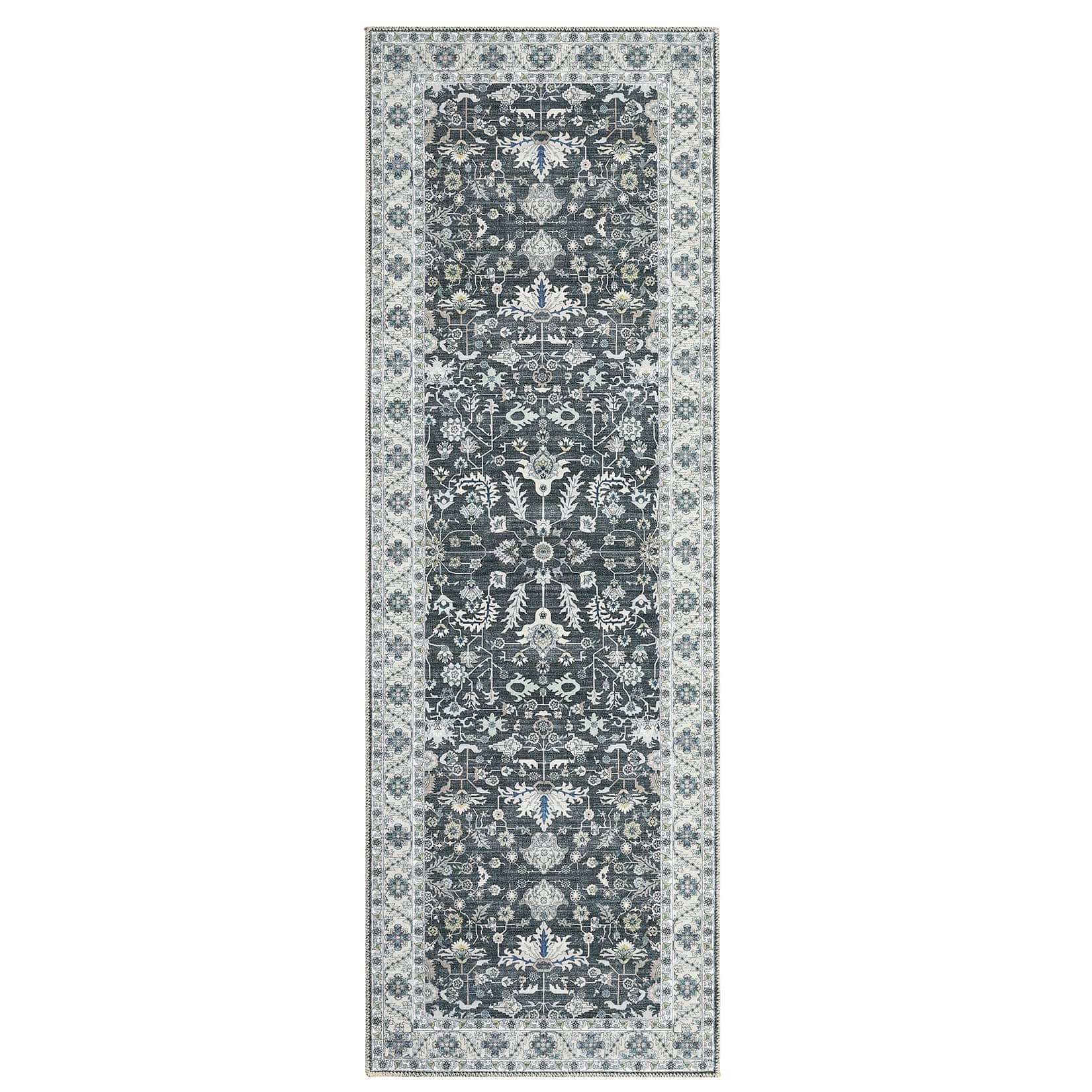 Qeetex LSN-PHO-0YG4QB4L 2 x 6 ft Polyester Gray Rectangular Hallway Bathroom Entryway Kitchen Office Foldable Flower Printed Persian Washable Area Rug
