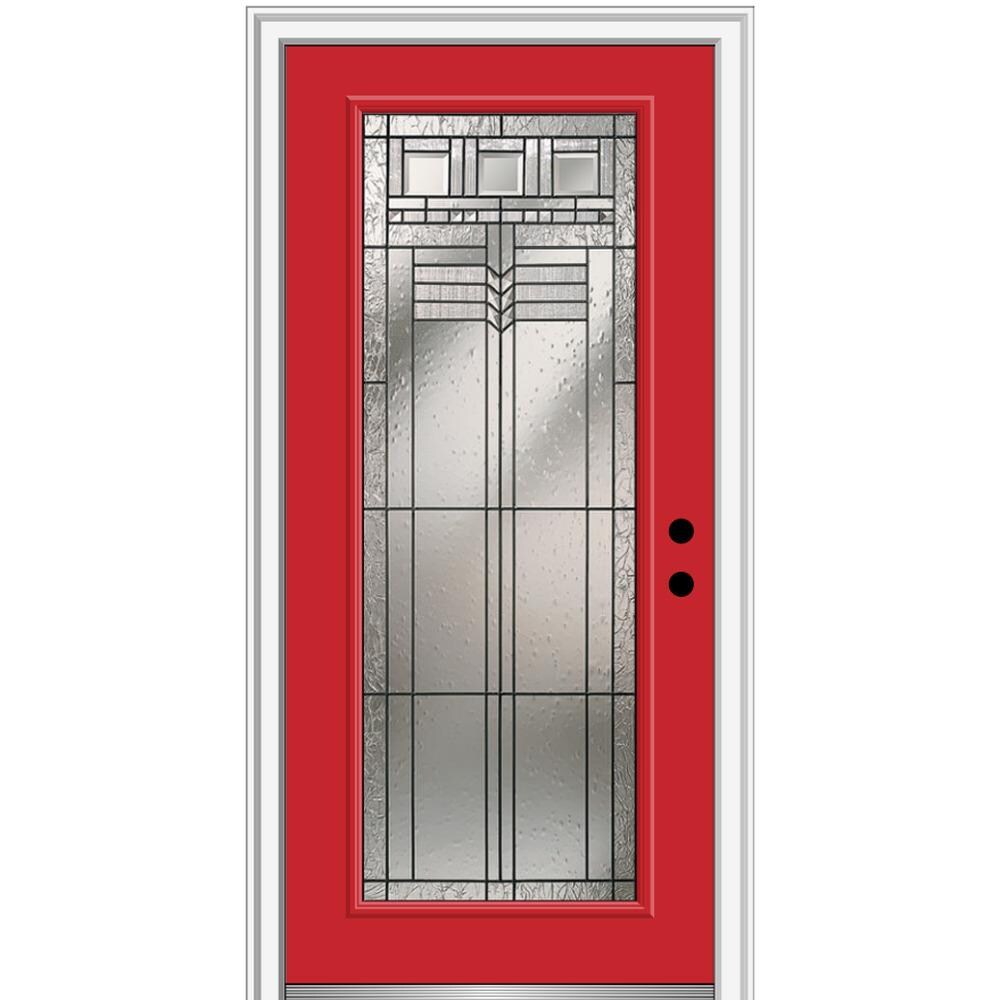 MMI DOOR ZZ3664149L 32-in x 80-in x 4-9/16-in Fiberglass Full lite Left-hand inswing Red Saffron Painted Prehung Front Door with Brickmould Insulating core