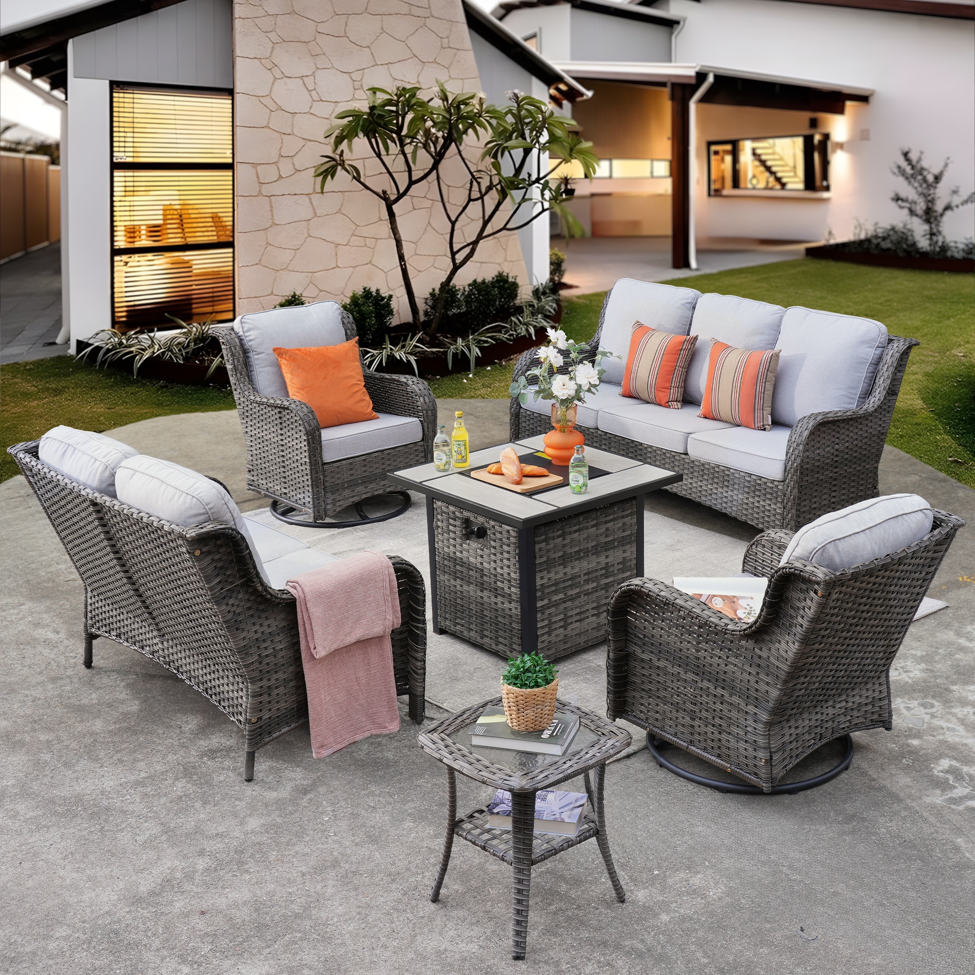 Ovios FPGNTC4-6Y 6 -Piece Rattan Patio Sofa Conversation Set with Light Gray Cushions