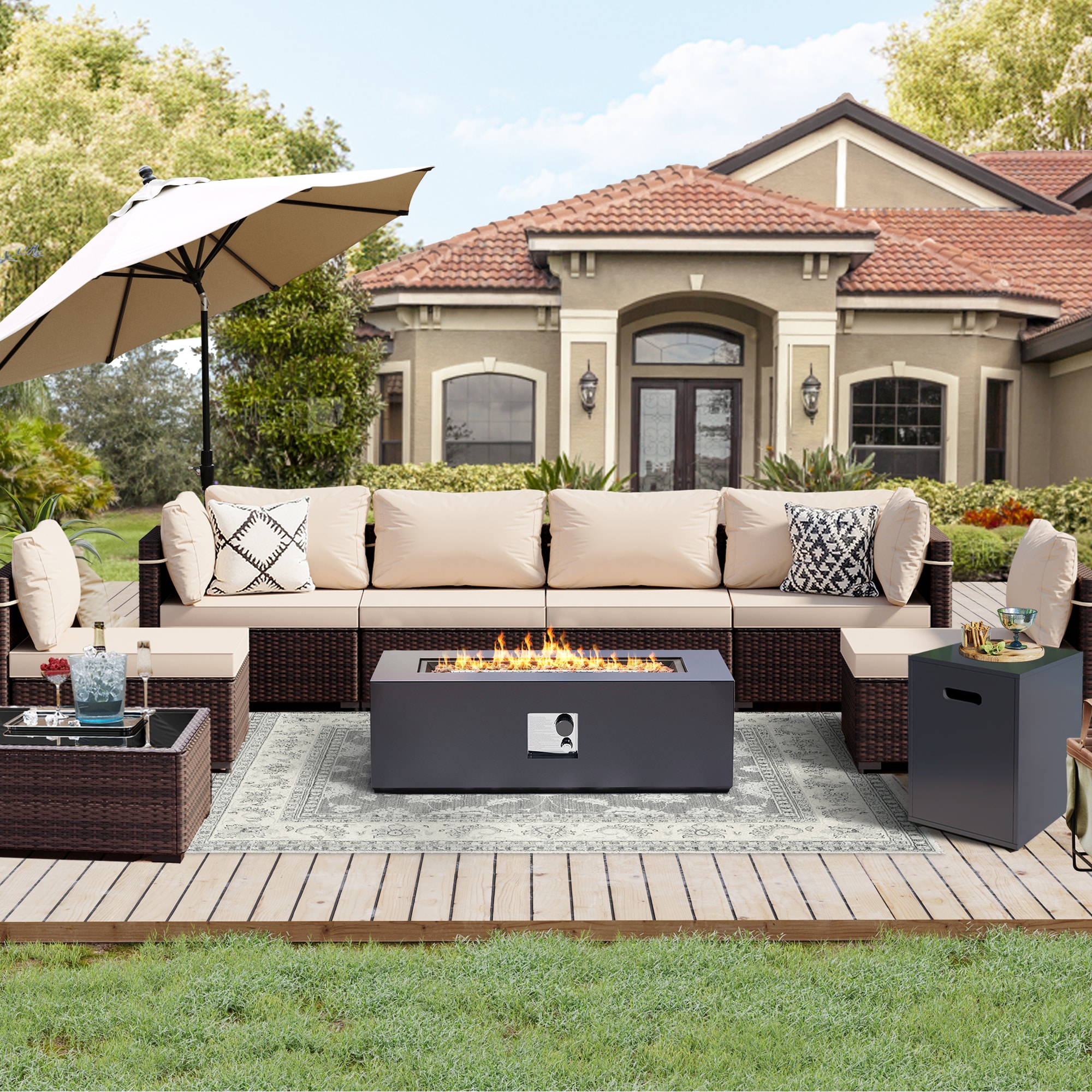 UPHA PL-2CZ-C42TPDK-Z1 Brown Wicker Paio Furniture Set 9 -Piece Wicker 4 Patio Sofa Conversation Set with Beige Cushions