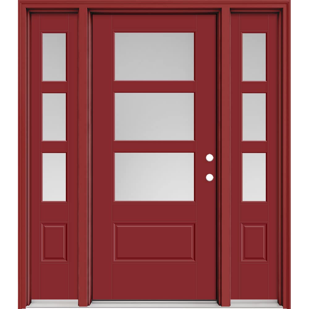 Masonite 630501 Performance Door System 64-in x 80-in x 4-9/16-in Fiberglass 3/4 lite Left-hand inswing Roma Red Painted Prehung Front Door with Sidelights with Brickmould Insulating core with Grilles
