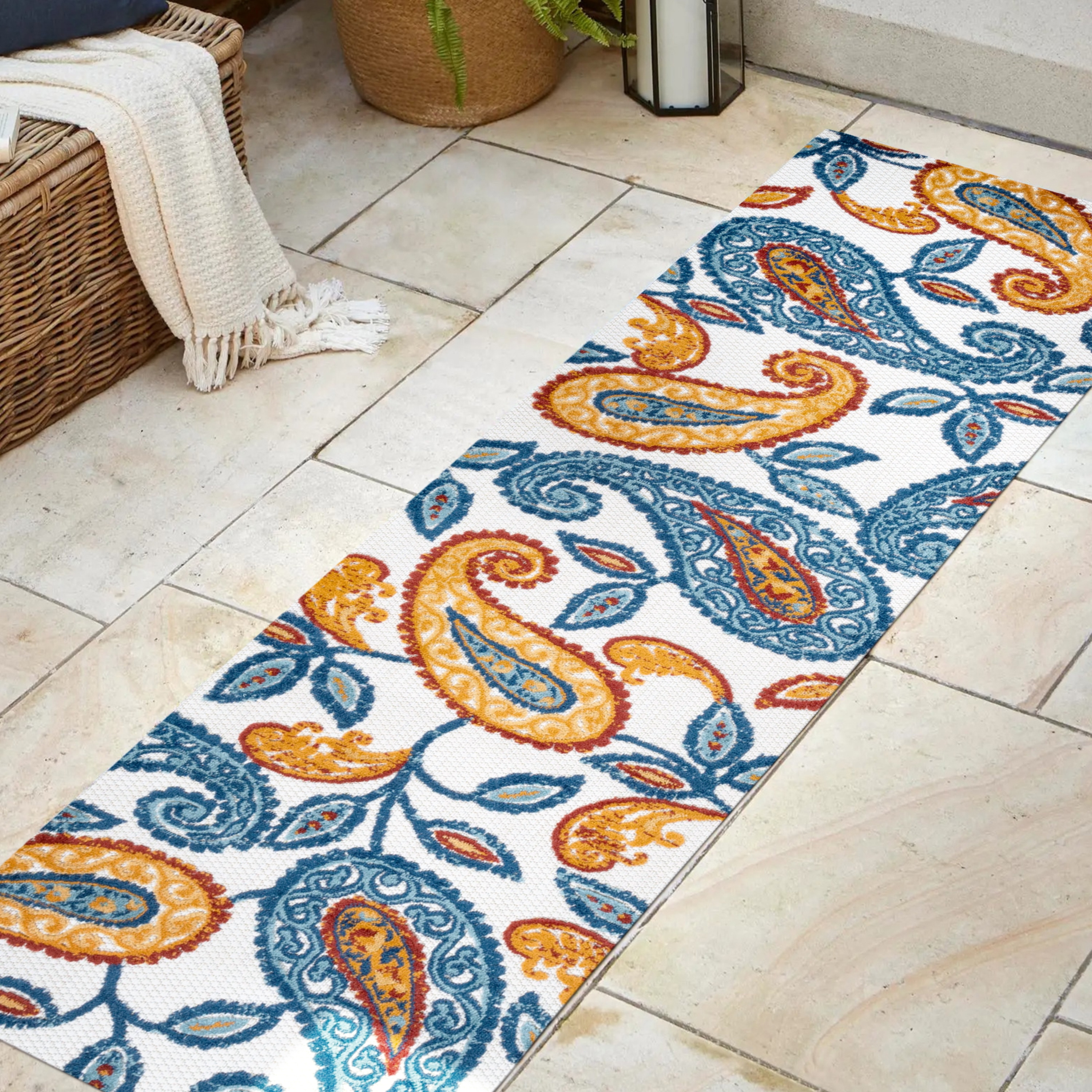 Boho Paisley Orange/Blue Synthetic 2x8 Indoor/Outdoor Rug