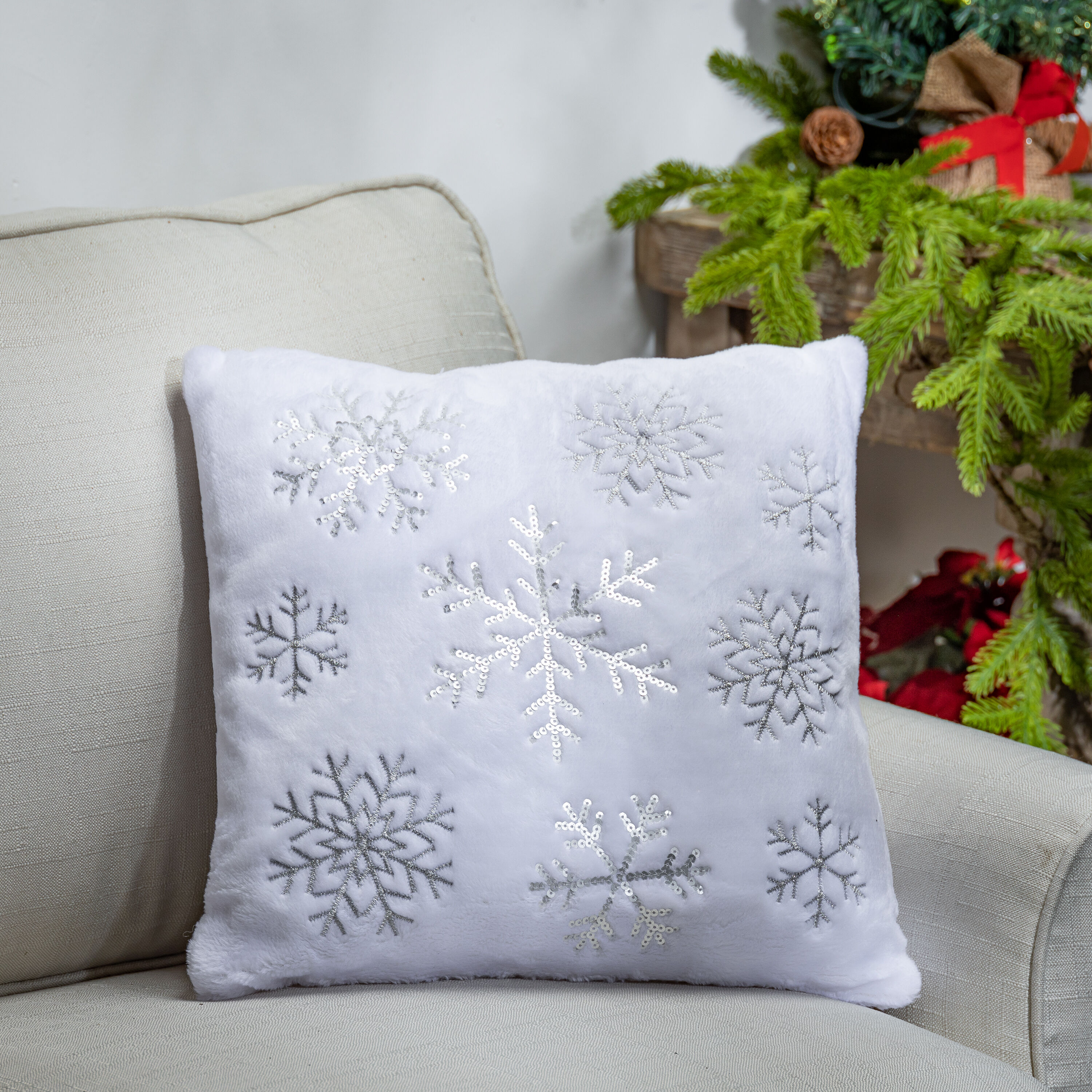 16'' White and Gold Embroidered Square Christmas Pillows, Set of 2