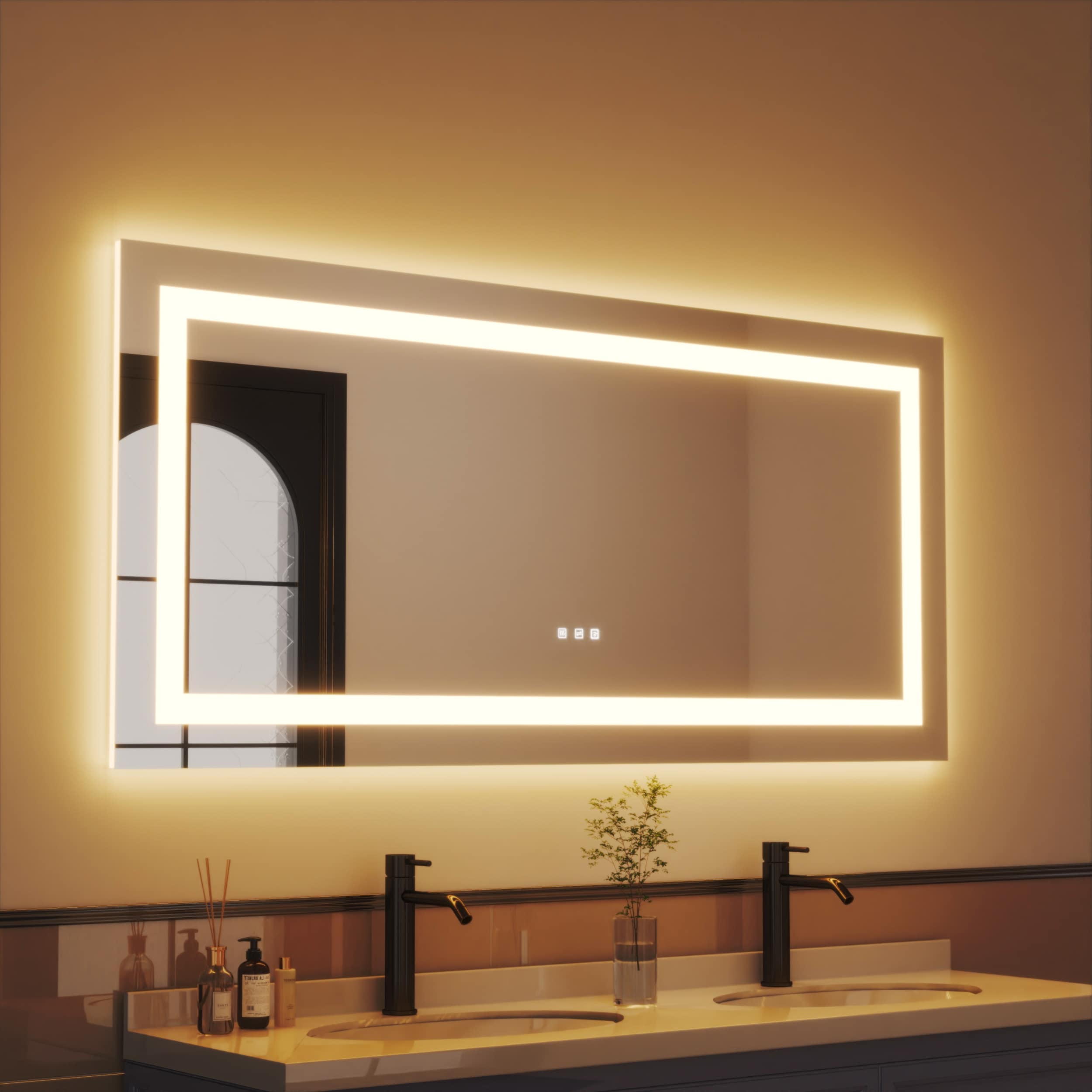 waterpar WPLO-2179 Backlit + Frontlit 60-in x 28-in Polished Frameless Rectangle Dimmable LED Lighted Fog Free Bathroom Vanity Mirror ( Clear )