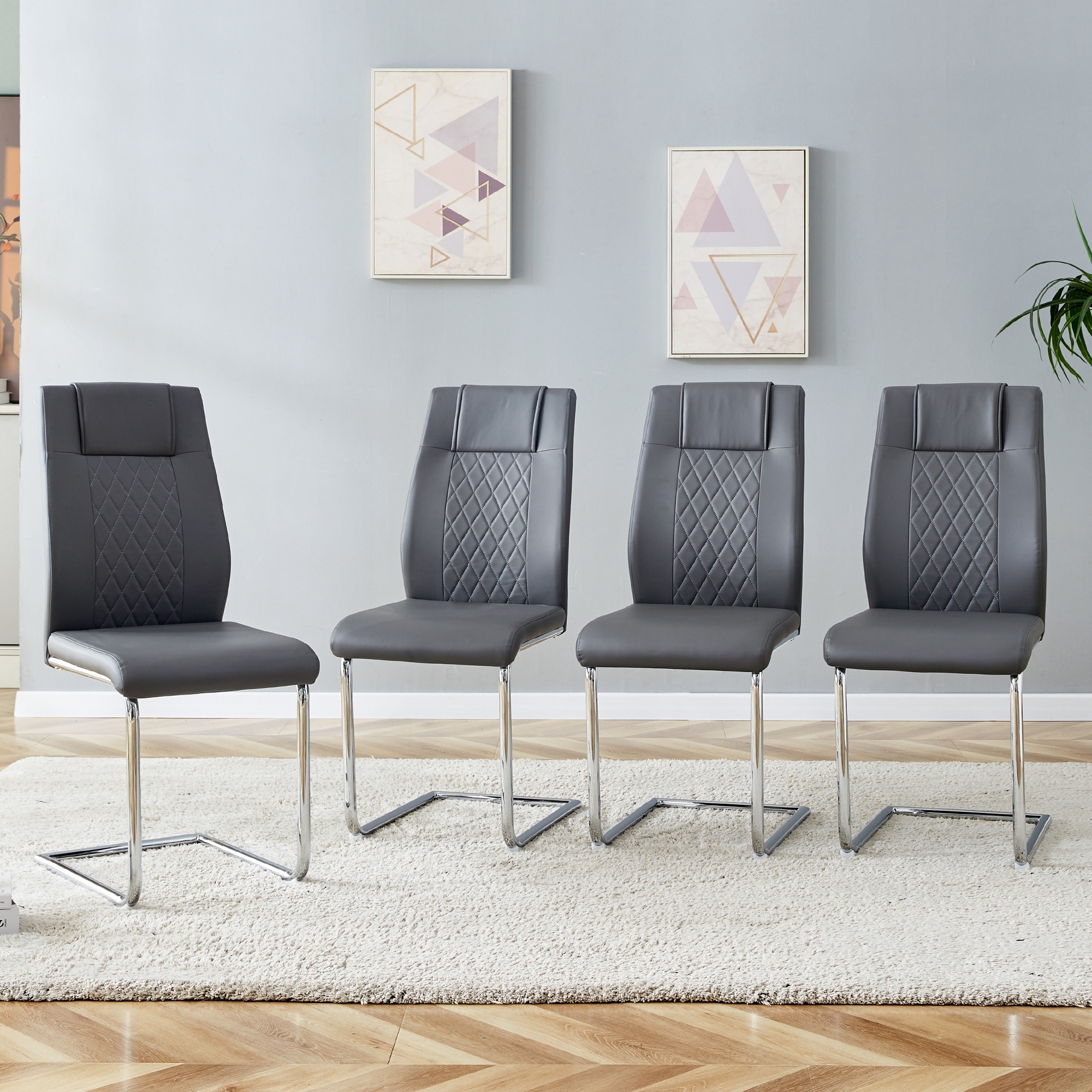 HyperDrop Cart Modern Grey PU Upholstered Dining Chair with Metal Legs Set of 4