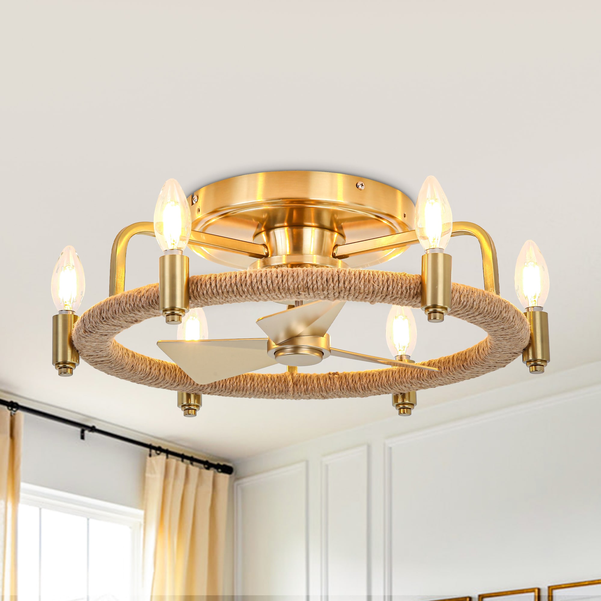 Parrot Uncle F8322110V 20-in Flush Mount Gold with Gold Blades Bladeless Ceiling Fan With Light - Remote Included ( 3 -Blade )