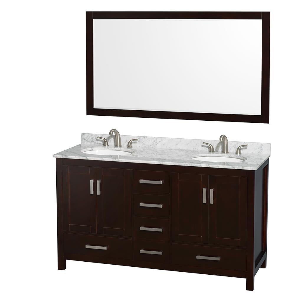 Wyndham Collection WCS141460DESCMUNOM58 Sheffield 60-in Espresso with Brushed Chrome Trim Undermount Double Sink Bathroom Vanity with White Carrara Marble Natural Marble Top (Mirror Included)