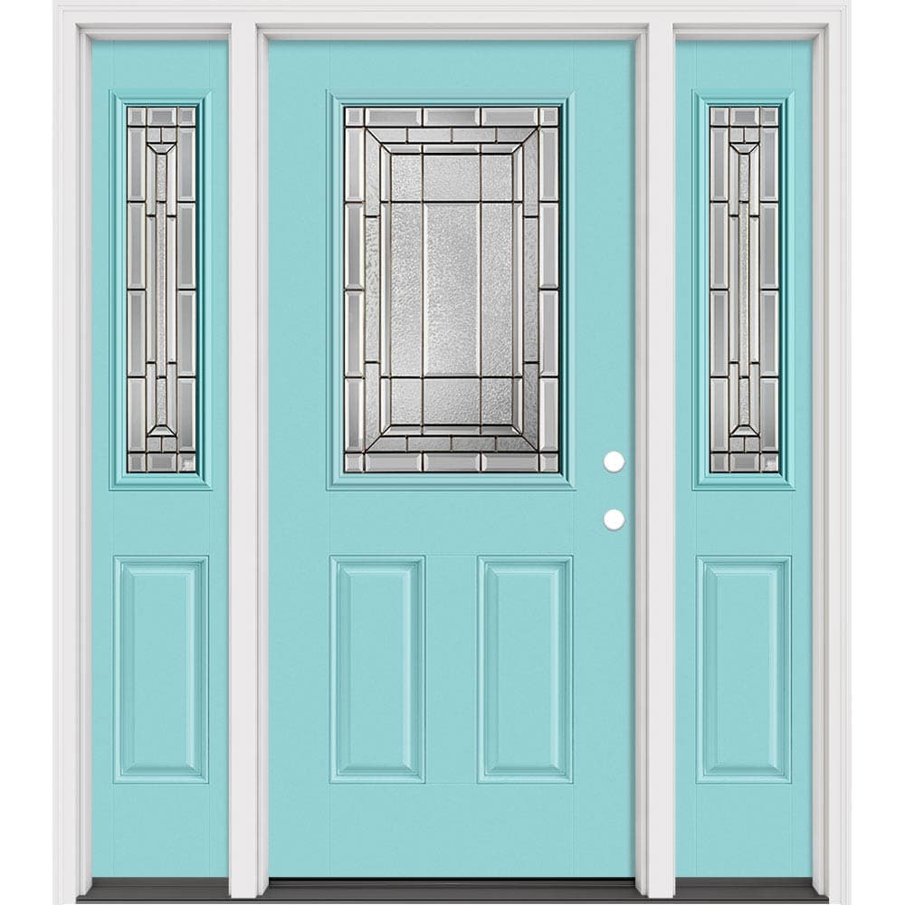 Masonite 631426 Sequence 64-in x 80-in x 4-9/16-in Fiberglass Half lite Left-hand inswing Caribbean Blue Painted Prehung Slab Front Door with Sidelights with Brickmould Insulating core