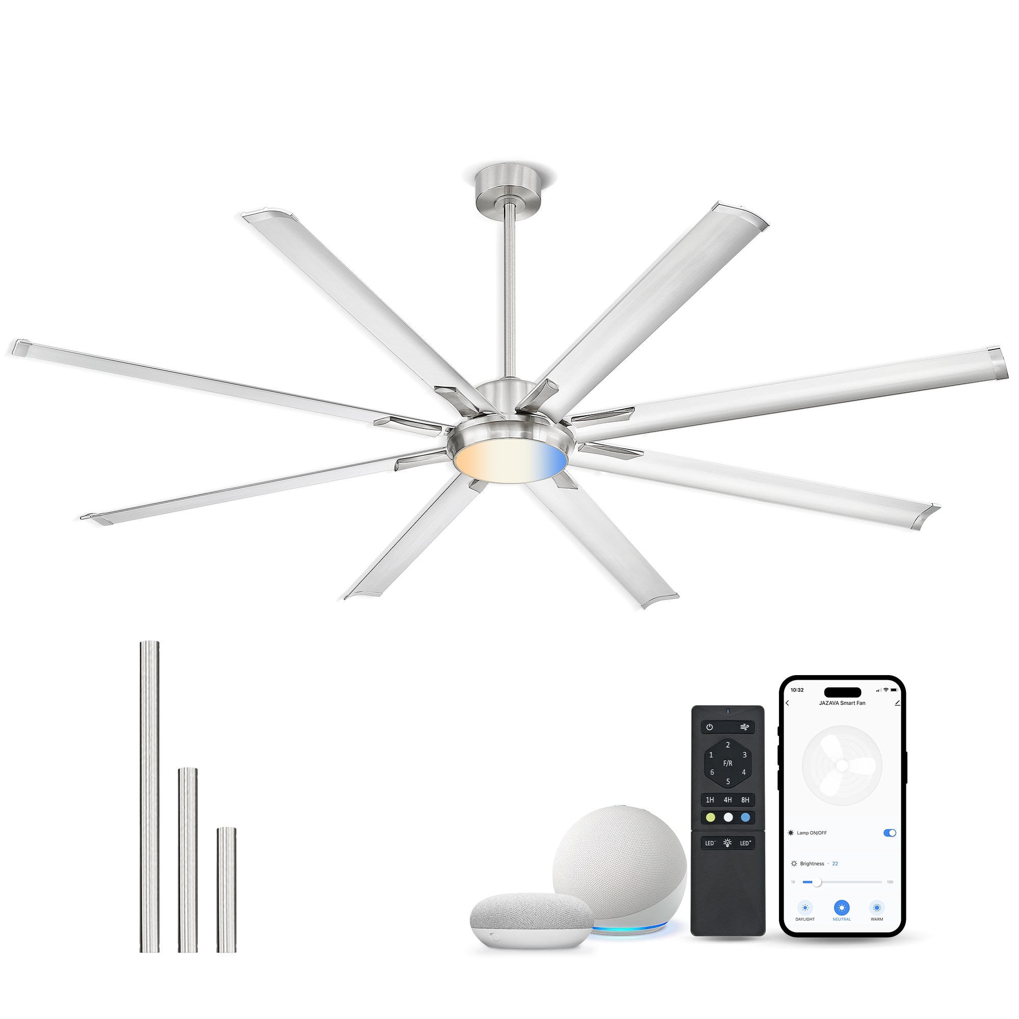 LTMATE LSLT-CF04BN-84 JAZAVA 84-in Color-Changing Integrated LED Outdoor Smart Nickel with Brushed Blades Ceiling Fan With Light and Remote ( 8 -Blade )