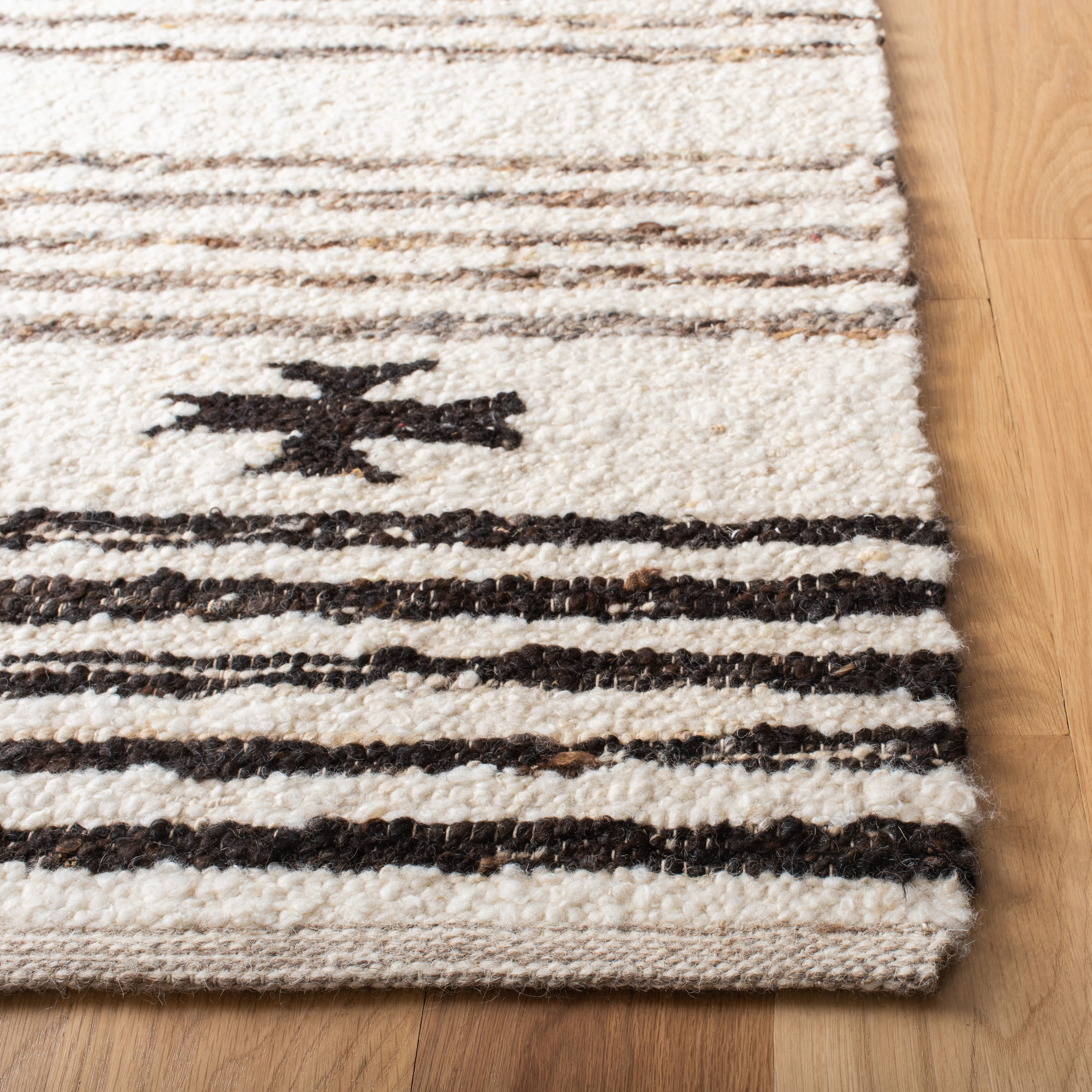 Handmade Black and Ivory Wool Cotton Striped Rug, 5' x 8'