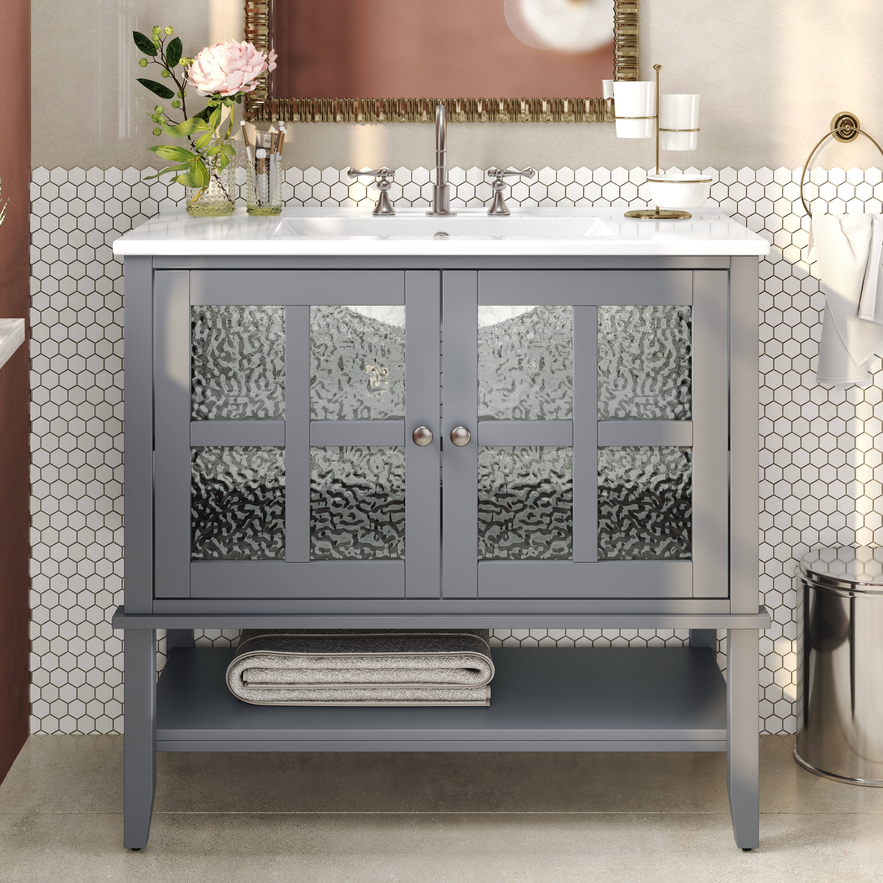 WELLFOR EX-CJ84 NE Bathroom Vanity with Ceramic Sink 36-in Gray Single Sink Bathroom Vanity with White Ceramic Top