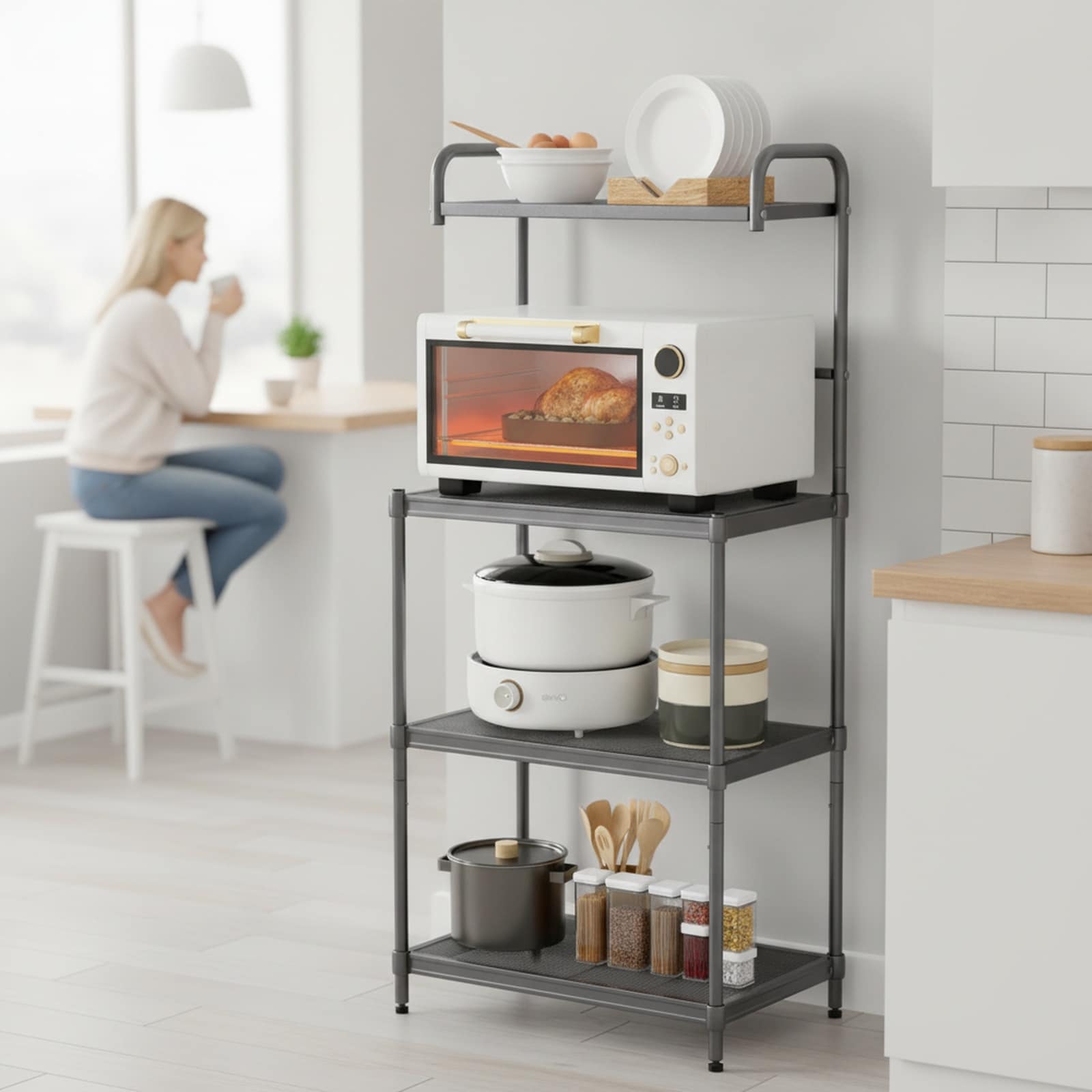 SUGIFT 4-Tier Kitchen Microwave Stand Storage Rack with Metal Mesh Shelves and Hooks Bakers Rack for Spices Pots and Pans