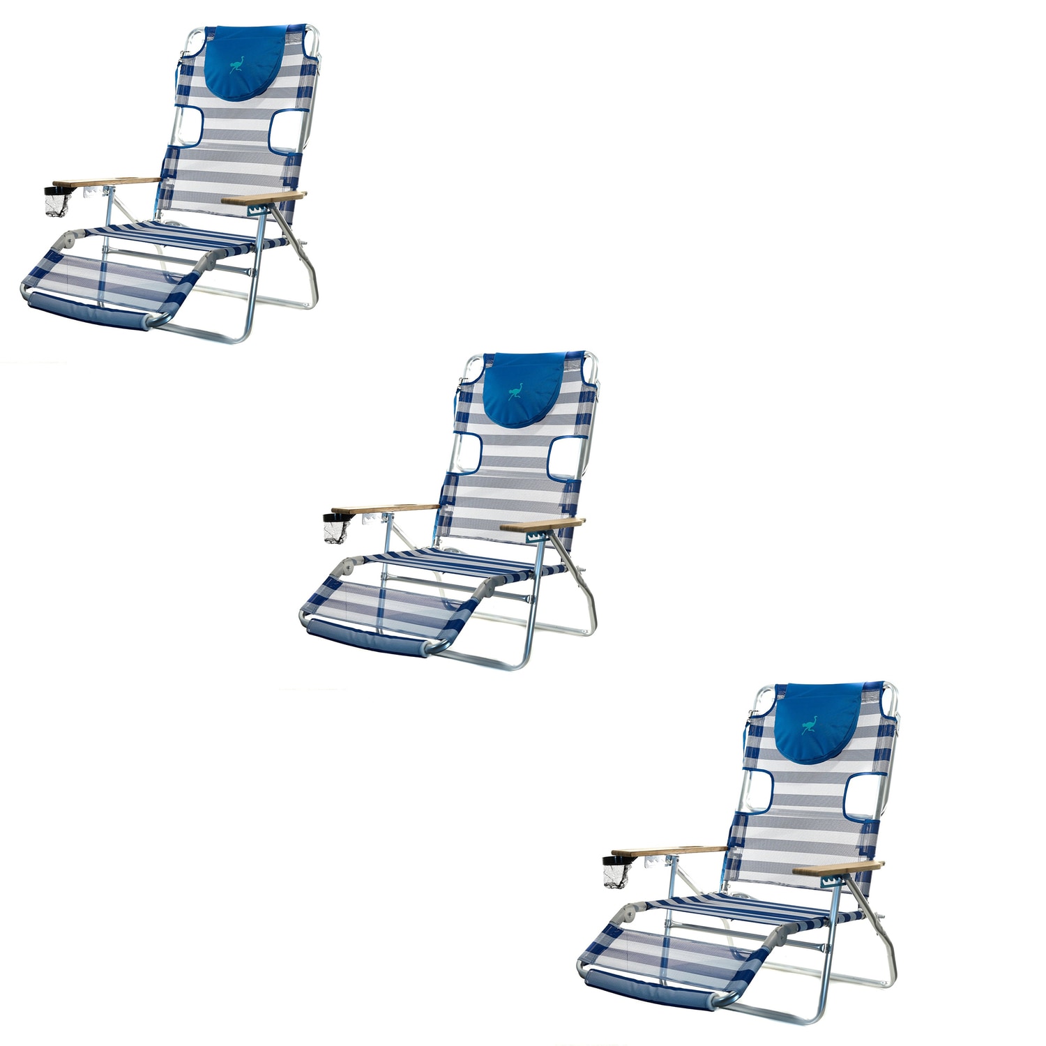 Ostrich 179022 Polyester Striped - 3 Pack Folding Beach chair Adjustable and Carrying Strap/Handle Included