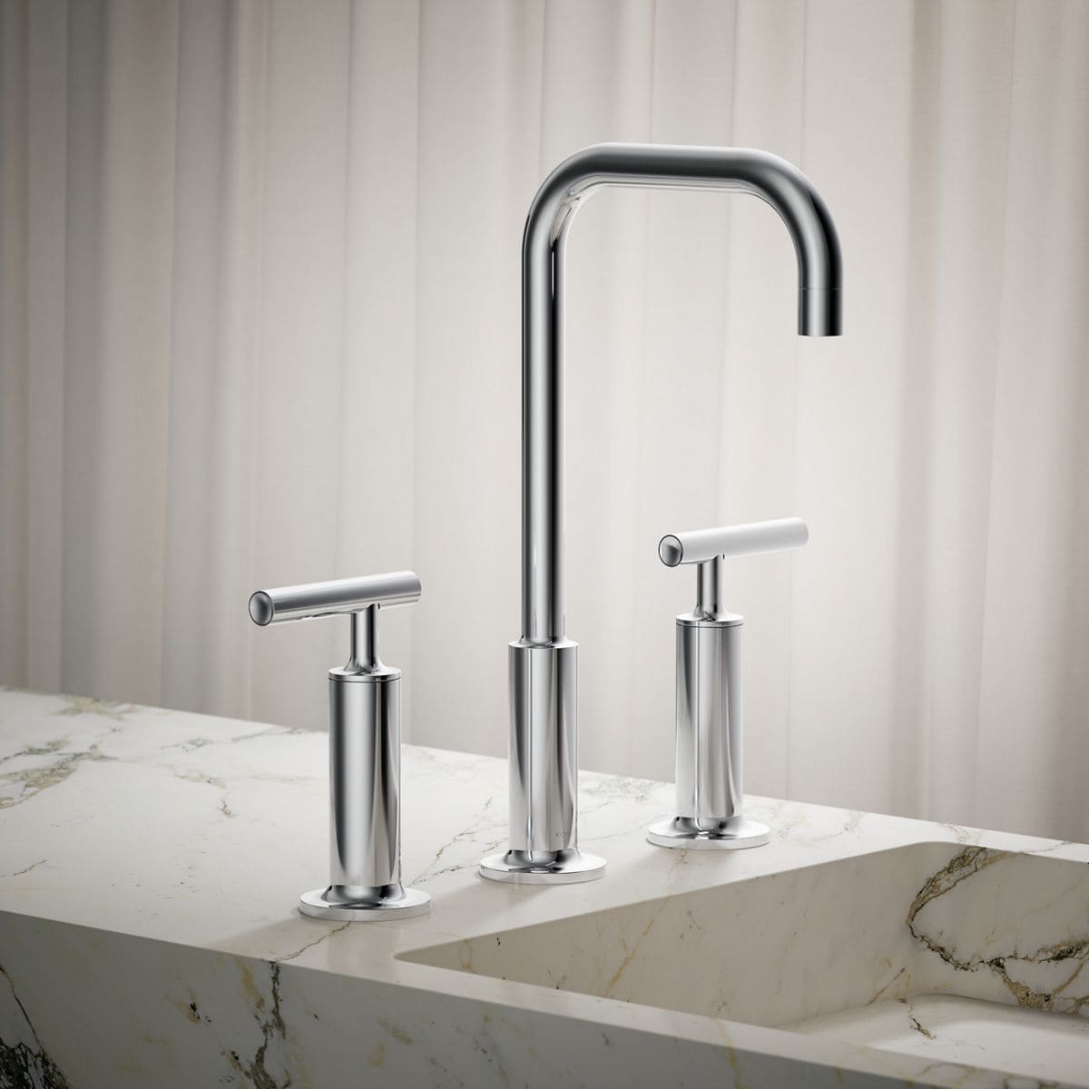 KOHLER 14408-4-CP Purist Polished chrome Widespread 2-handle WaterSense Low-arc Commercial/Residential Handle Bathroom Sink Faucet with Drain