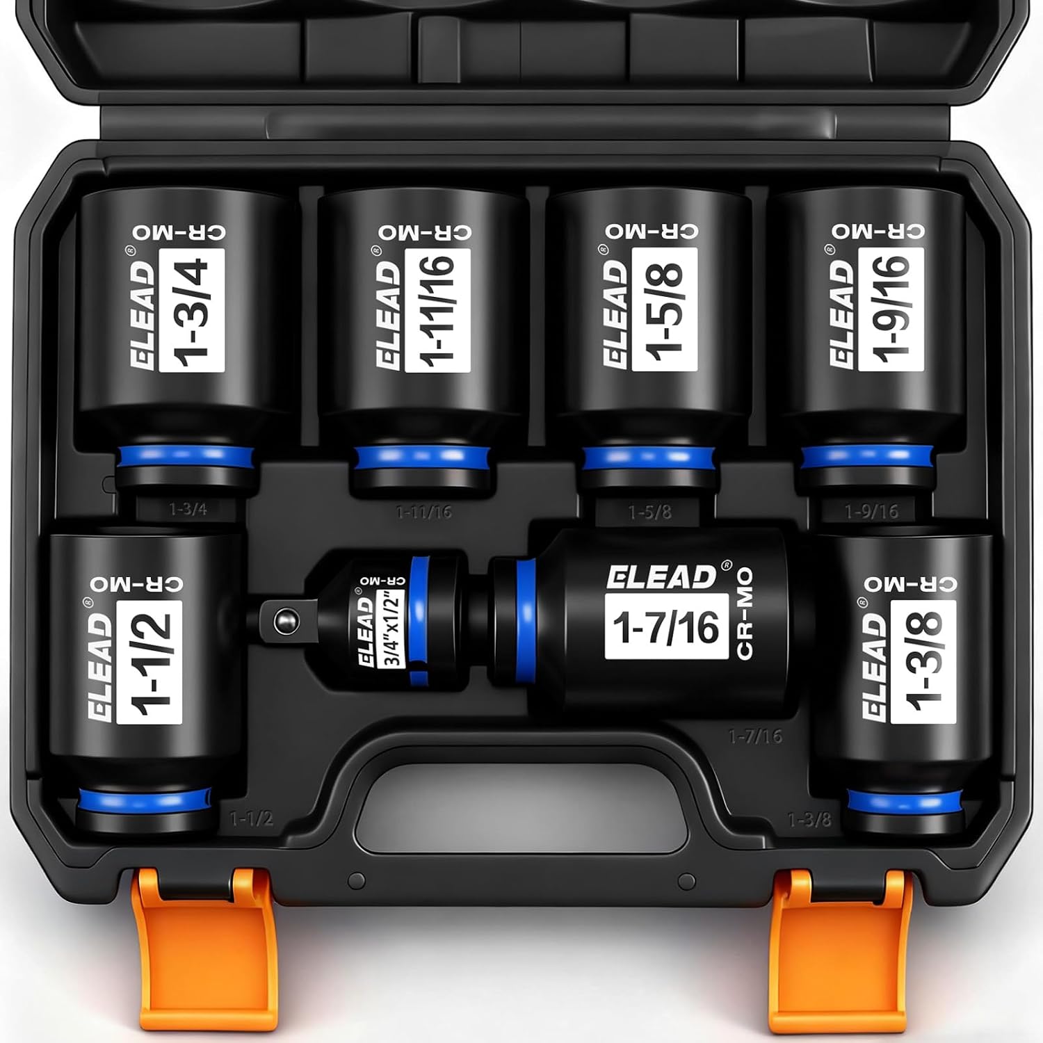 ELEAD 1/2 in Drive Deep Impact Socket Set 8-Piece SAE Includes 1-3/8 to 1-3/4 in Sockets and 3/4 to 1/2 in Adapter for Wheel Axle Nut Spindle and Locknut Applications