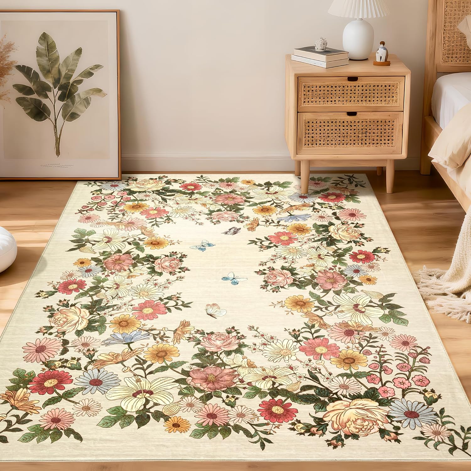 Garvee Rugs for Living Room 3x5 Washable Floral Area Rug Non Slip Soft Low Pile UltraThin Carpet for Entryway Kitchen Bedroom Beige