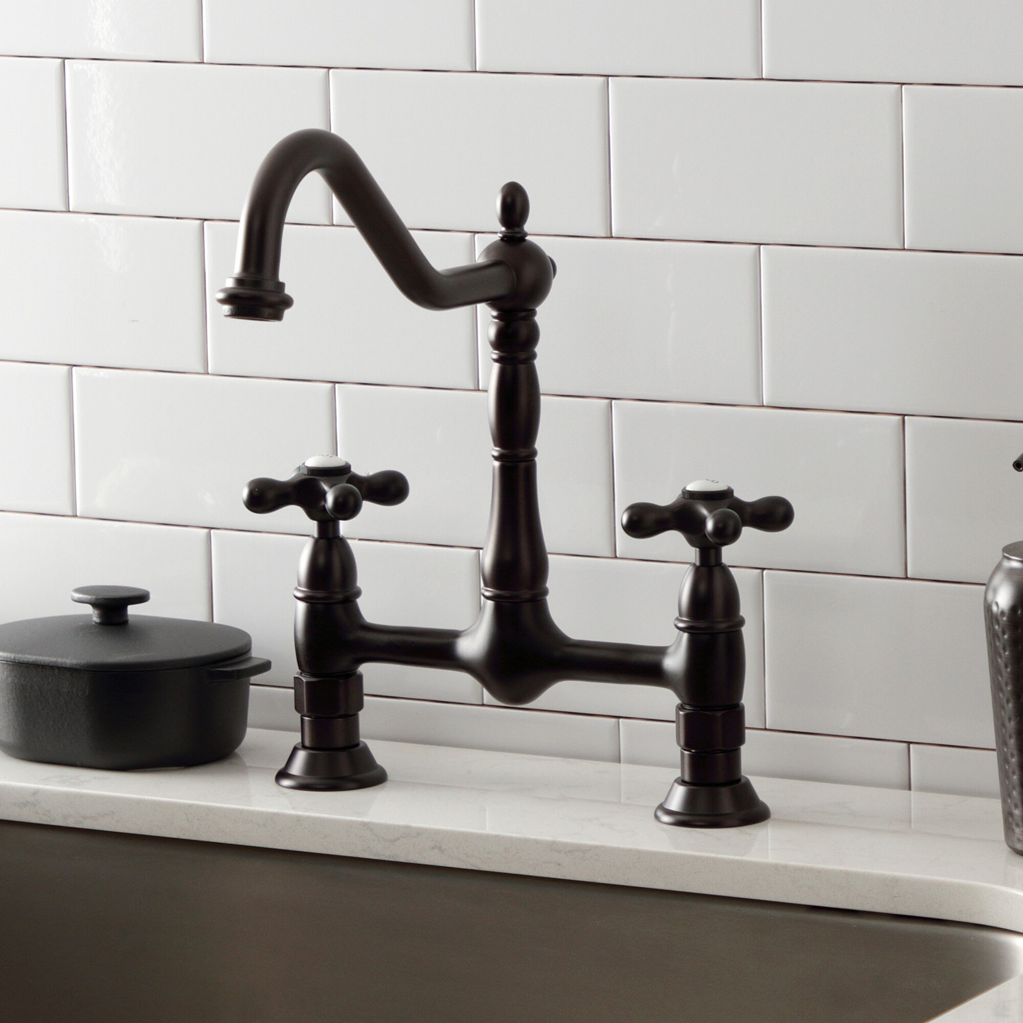 Elements of Design ES1175AX Oil-rubbed bronze Double Handle Deck-mount Bridge Kitchen Faucet