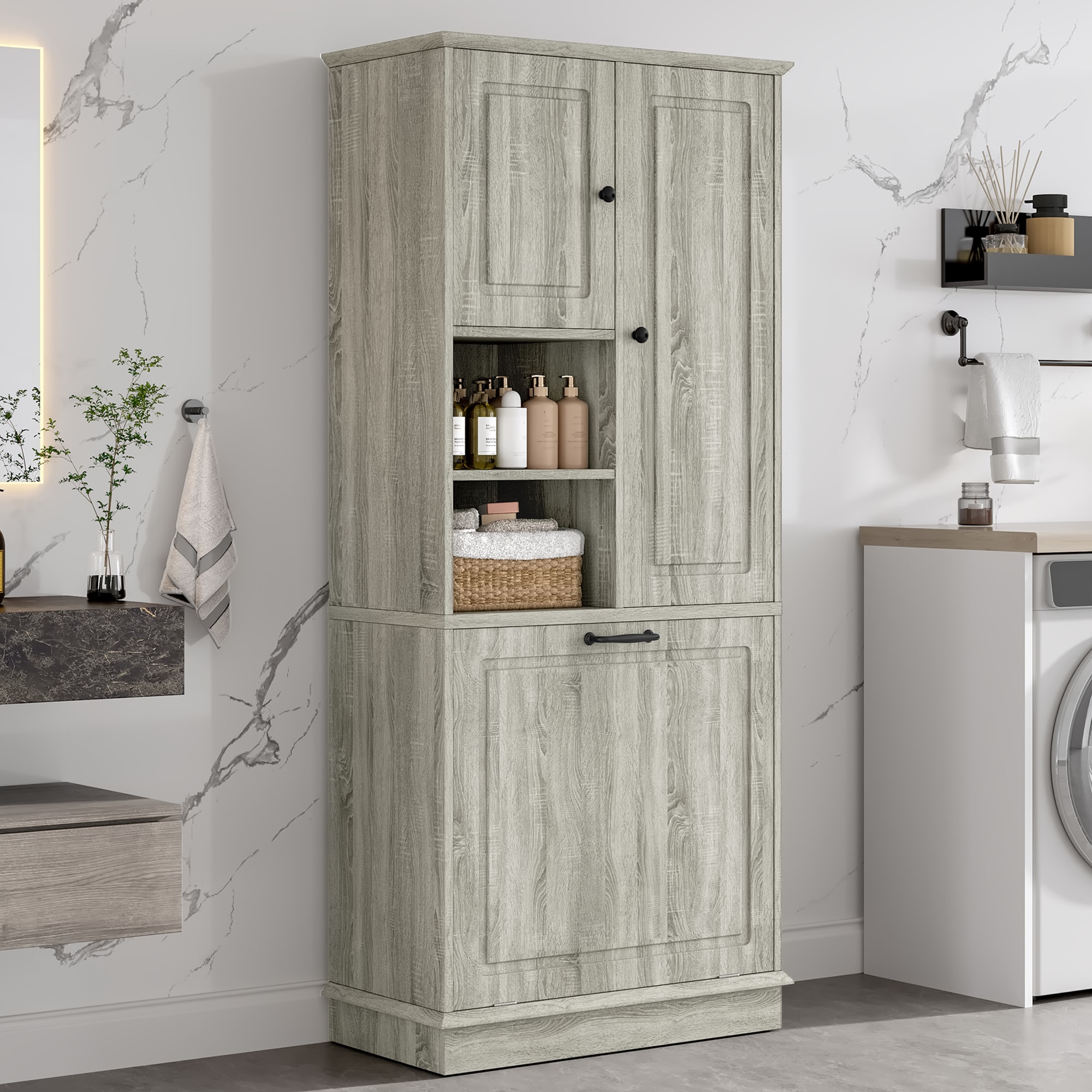 Hrinhom Unassembled 29.9-in x 67.7-in x 14.2-in Oak Freestanding Linen Cabinet #BA66-OAK
