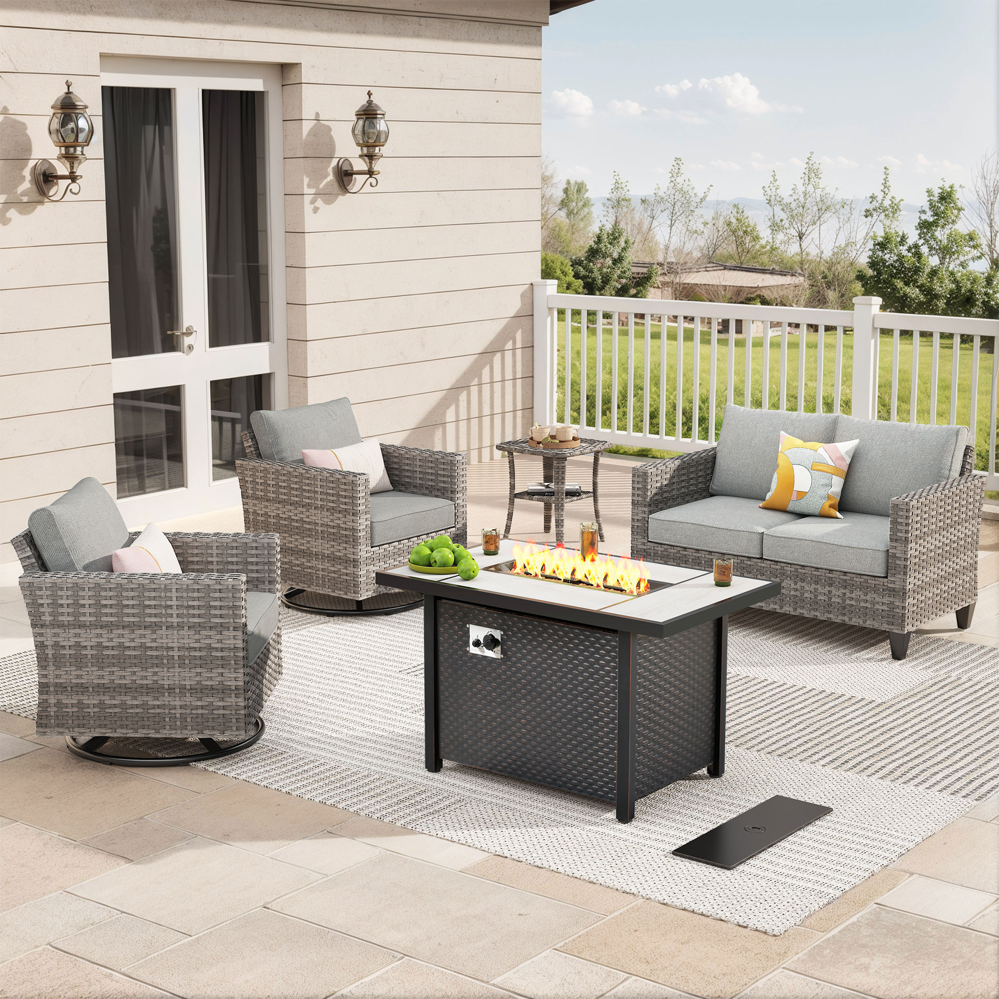 Pouuin STFP-YZGRS205 5 -Piece Wicker Patio Conversation Set with Dark Gray Cushions