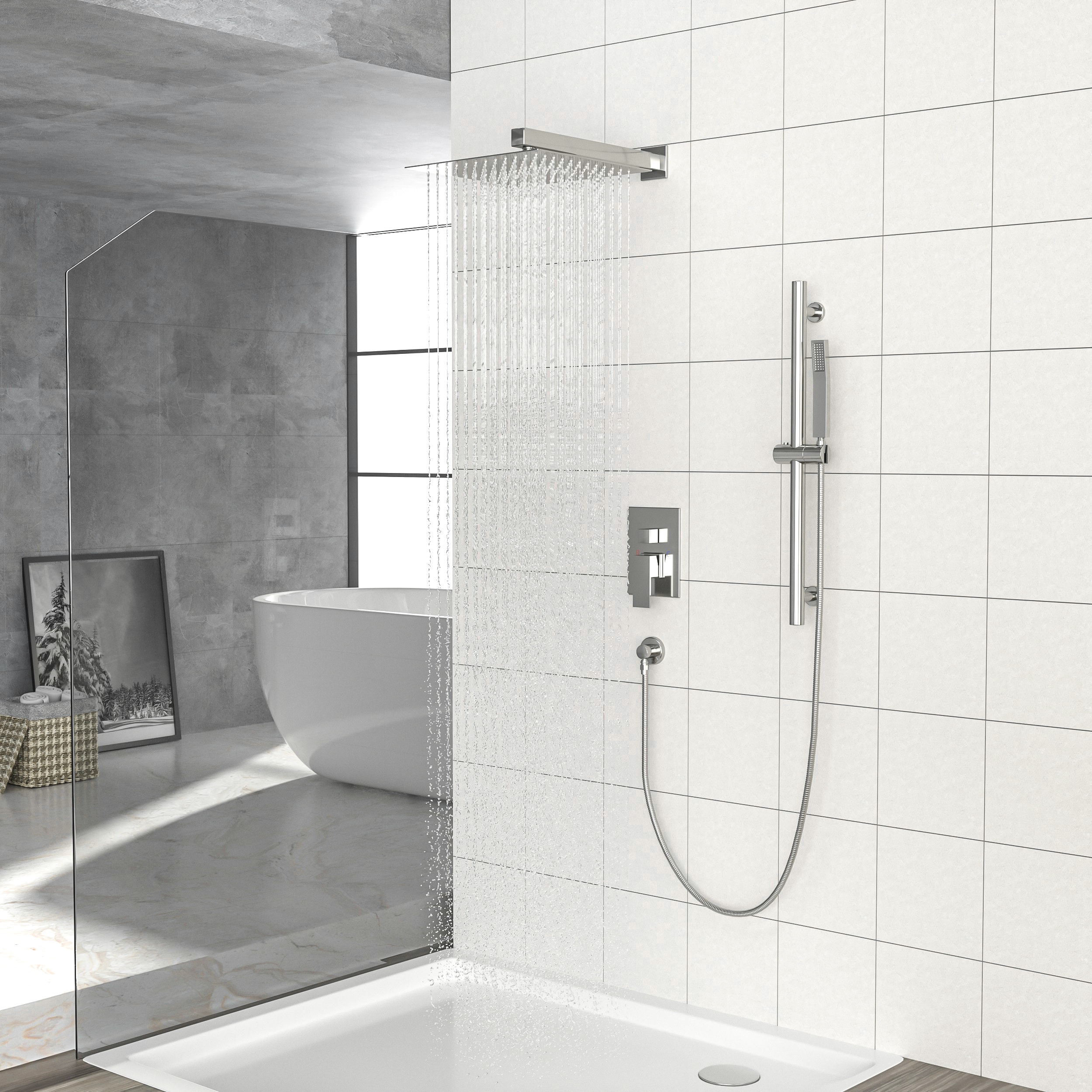 LOVMOR  Shower System Brushed Nickel Stainless Steel Wall Mounted 12 inch Square Shower Faucet with Hand Shower and Valve 1 Spray