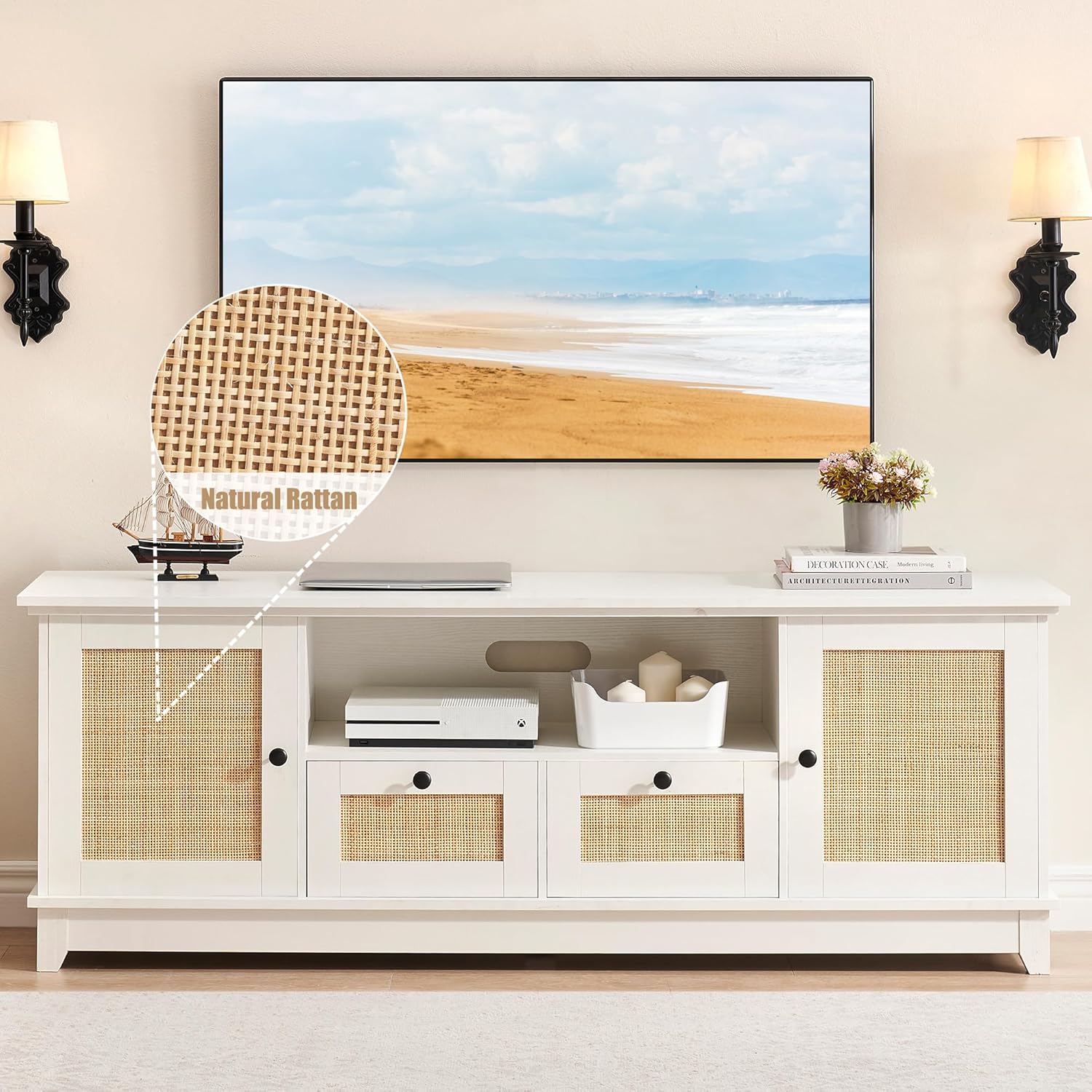 Qeetex TV Stand for 65+ Inch TV Rattan Entertainment Center TV Media Console Table Modern TV Stand with Storage and Drawer TV Console Cabinet Furniture for Living Room - White