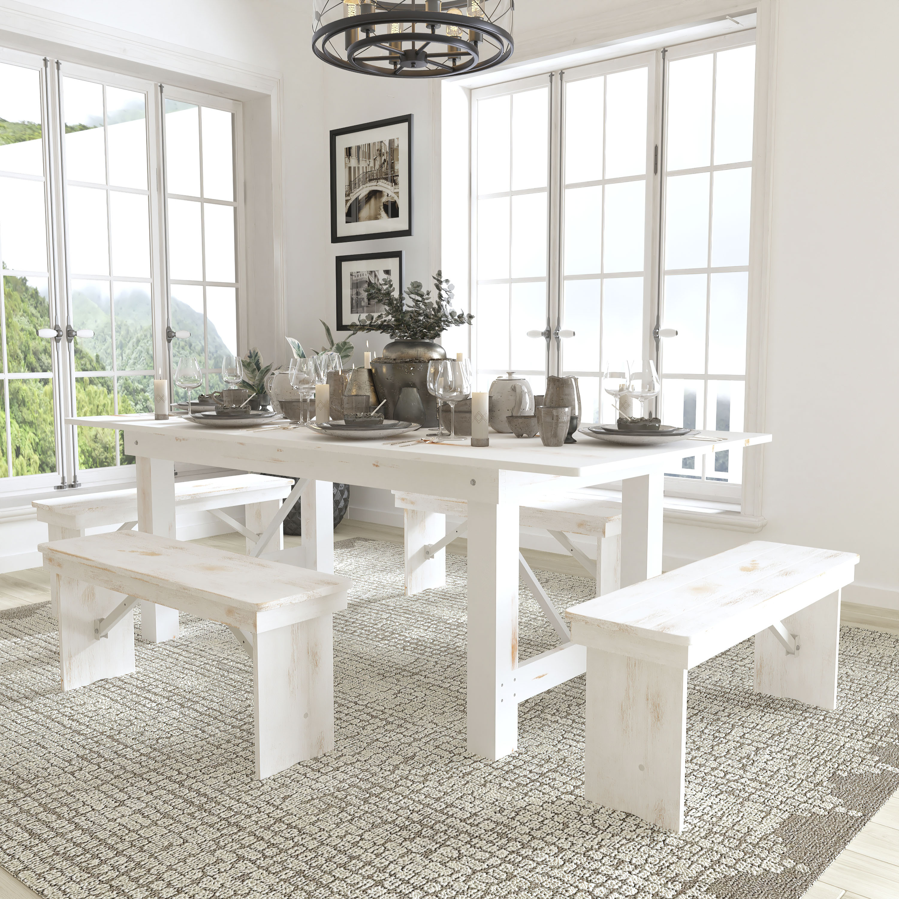 Flash Furniture 889142518938 Antique Rustic White Rustic Dining Room Set with Rectangular Table ( Seats 8 )