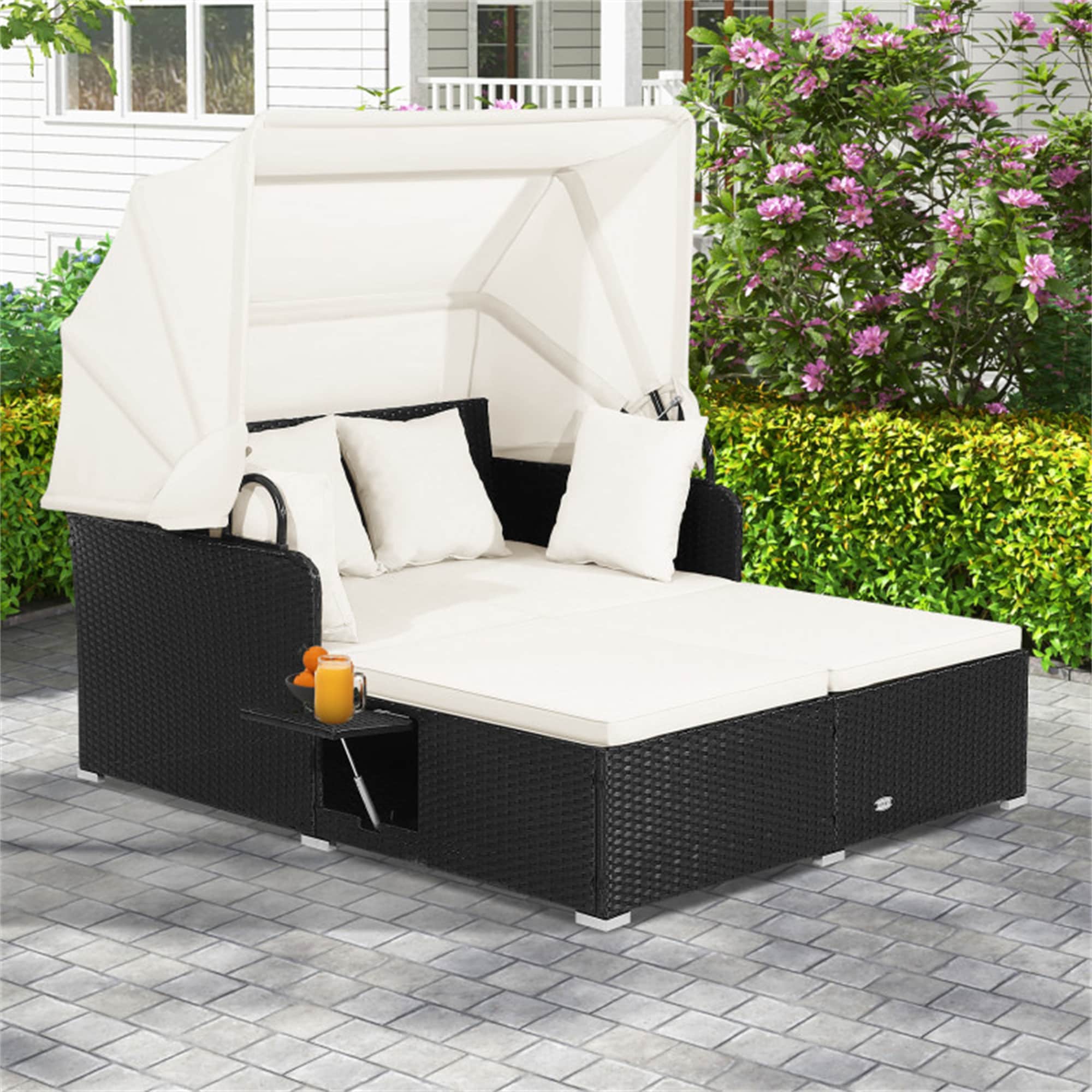 BABOOM BOM-70628TU-CO Patio Rattan Daybed with Retractable Canopy Rattan Outdoor Daybed with Off-white Cushions and Iron Frame