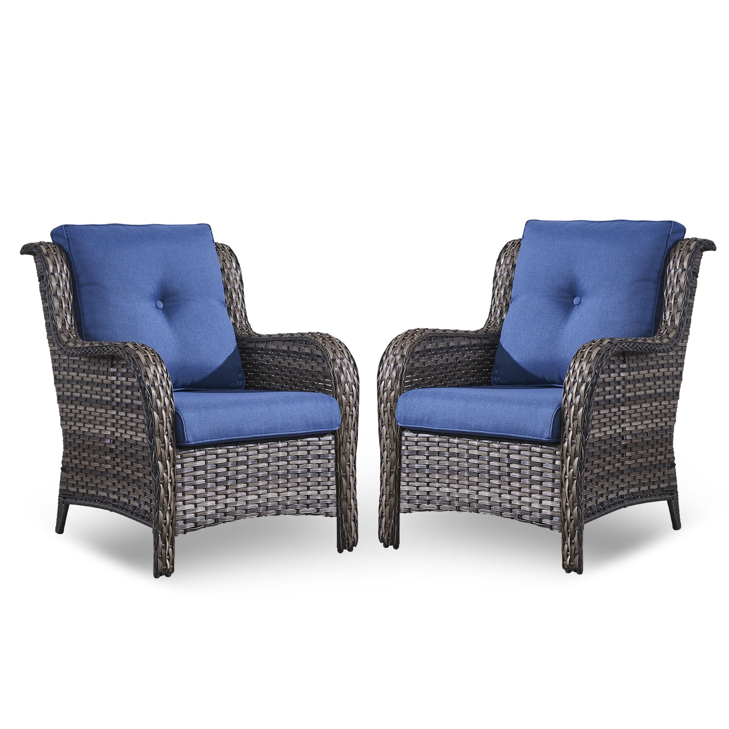 Rilyson FS017-1 Curved handrail Set of 2 Wicker Gray Wicker Frame Stationary Conversation Chair with Blue Blue Cushioned Seat